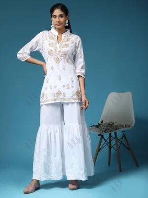 Hand Embroidery Chikankari Printed Short Cotton Tunics-White With Golden