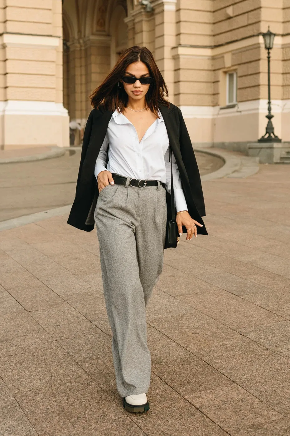 High Rise Flared Wide Leg Pants Gray Stylish Pants