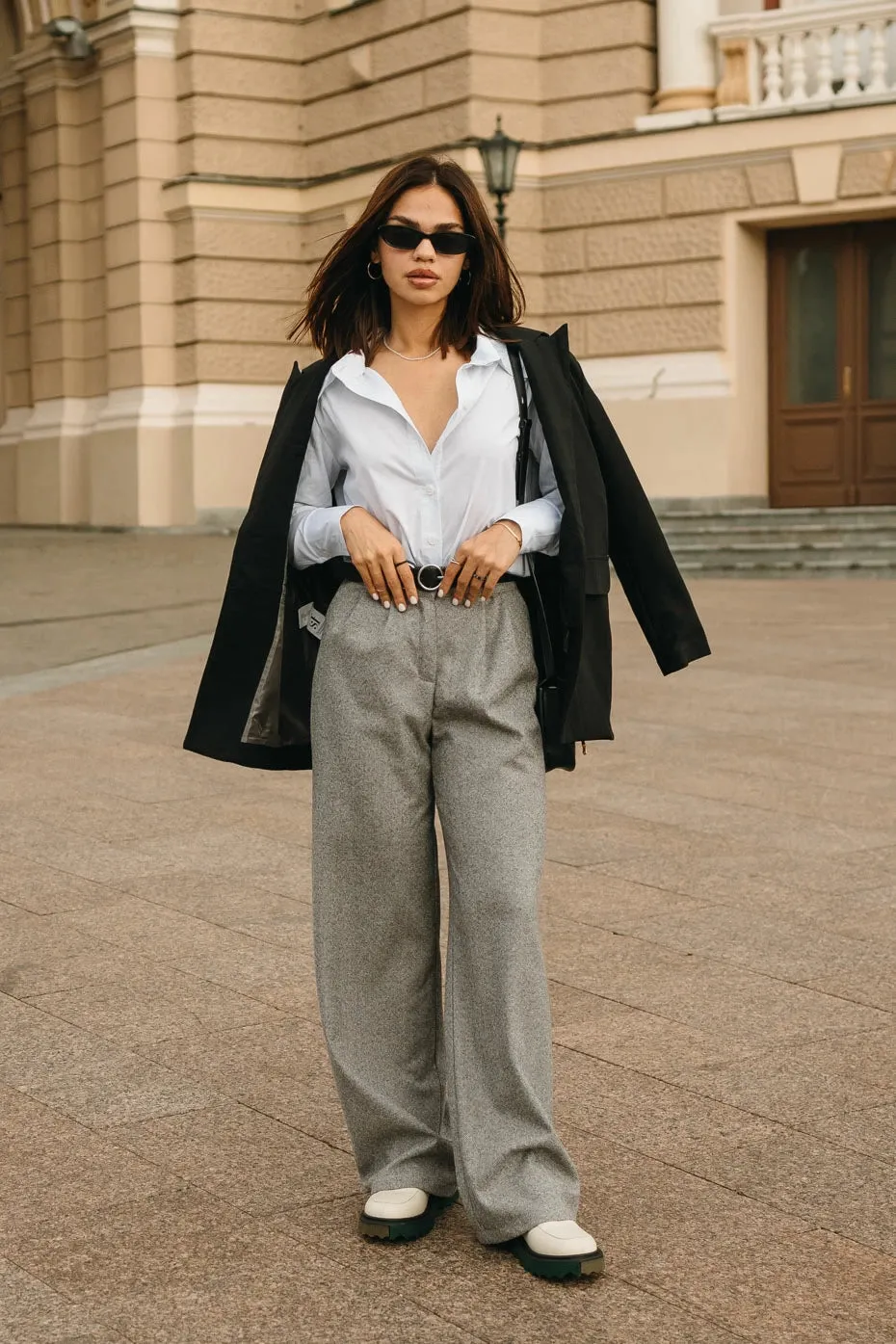 High Rise Flared Wide Leg Pants Gray Stylish Pants