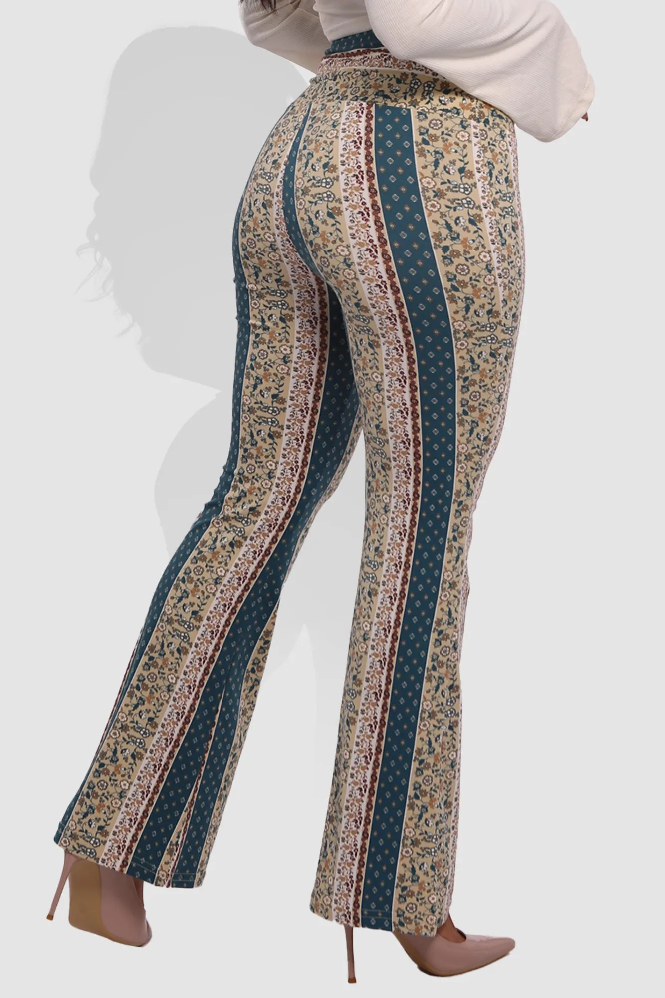 High Waist Buttery Soft Flare Palazzo Pants - Greenish Blue, Beige, Light Brown, White Boho Print