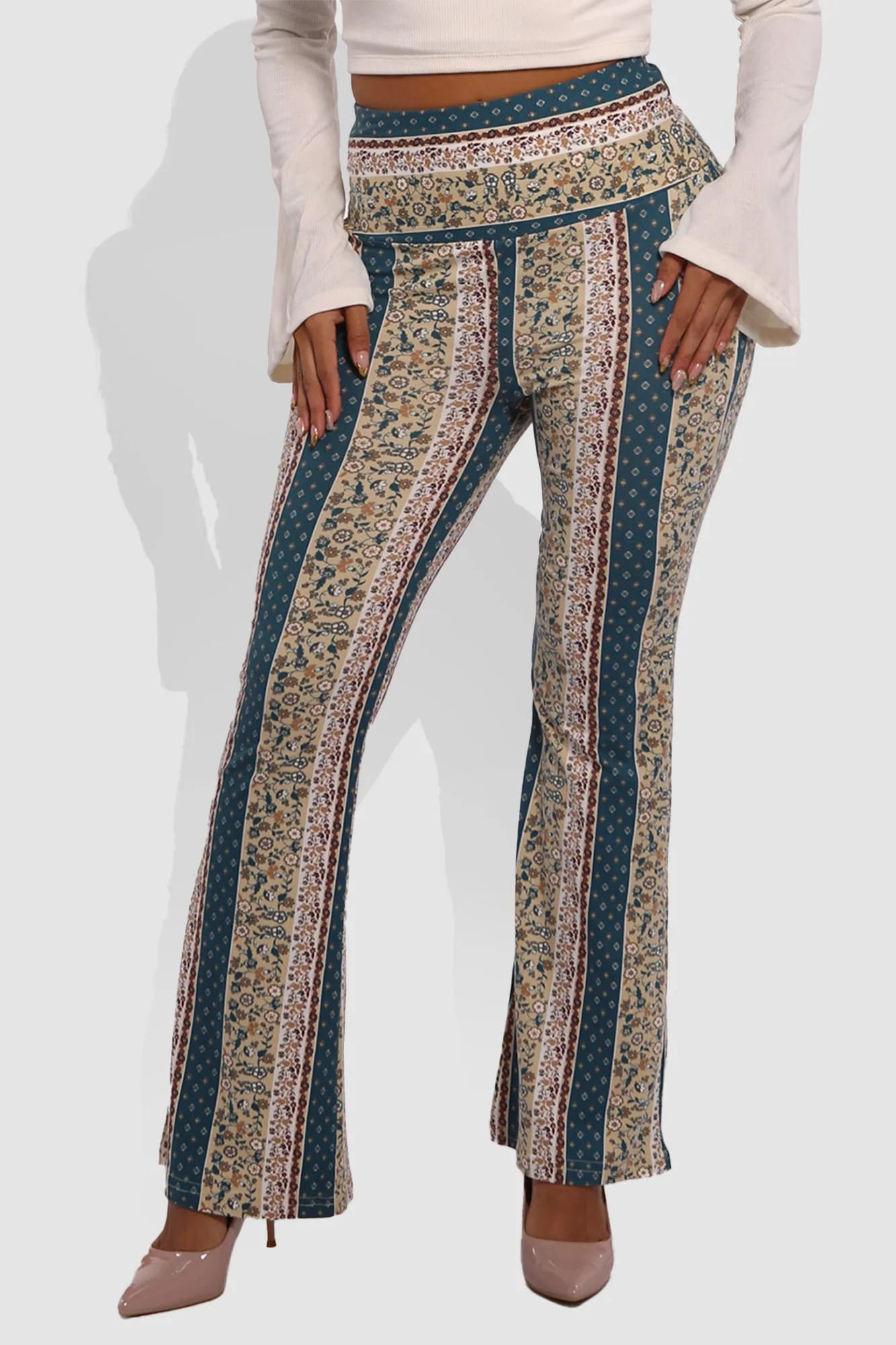 High Waist Buttery Soft Flare Palazzo Pants - Greenish Blue, Beige, Light Brown, White Boho Print