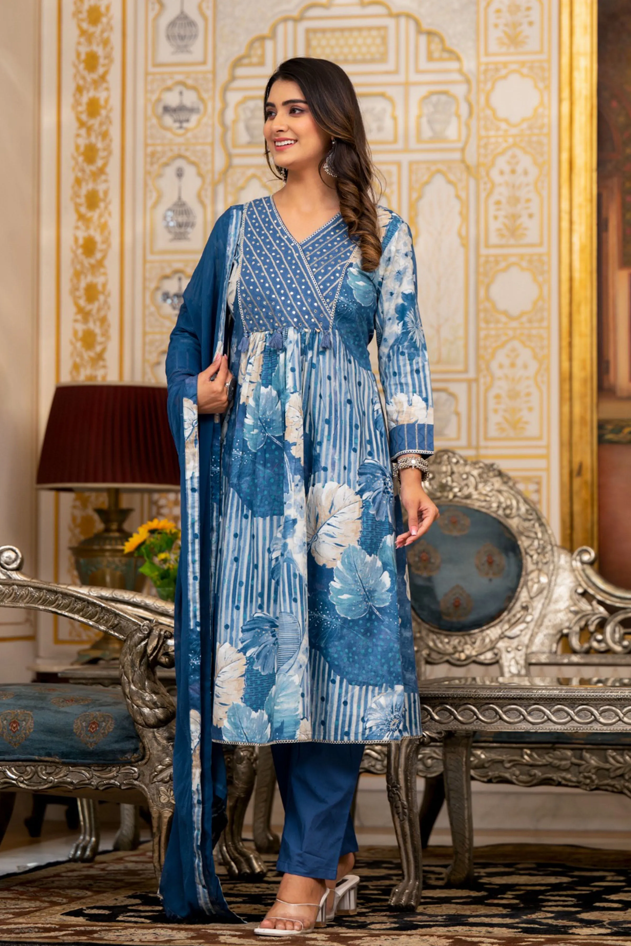 Ink Blue Floral Anarkali Set