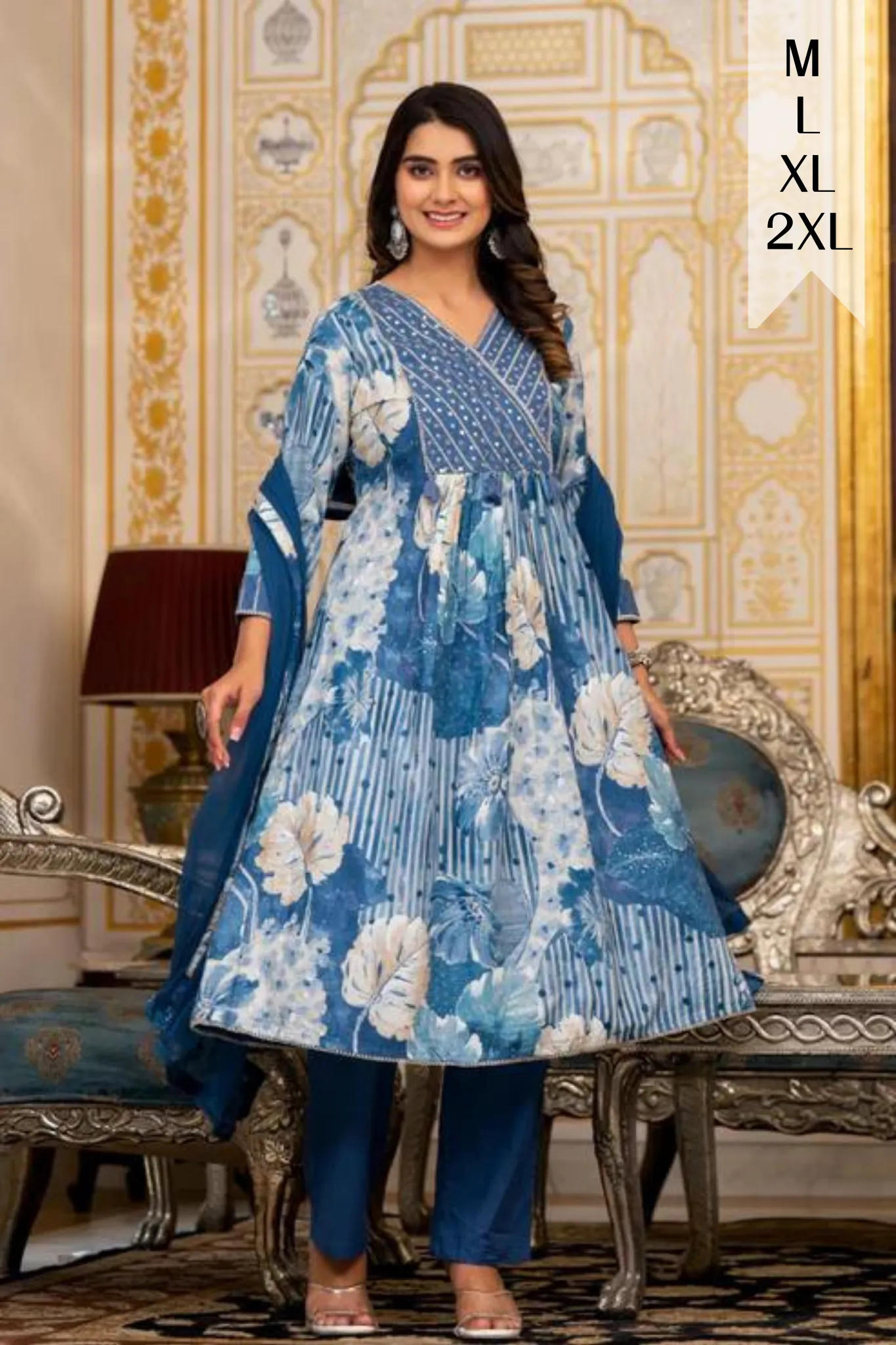 Ink Blue Floral Anarkali Set