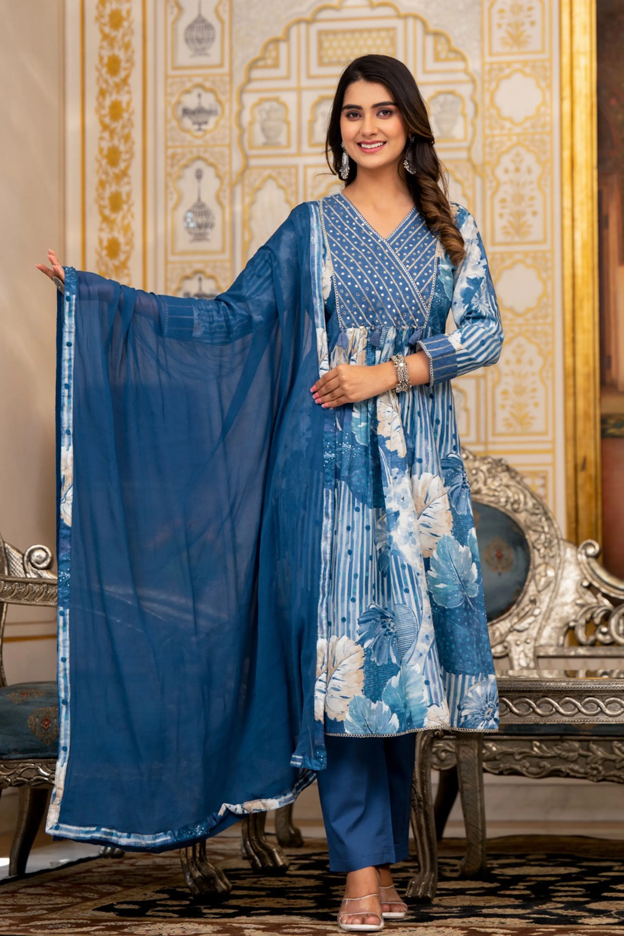 Ink Blue Floral Anarkali Set