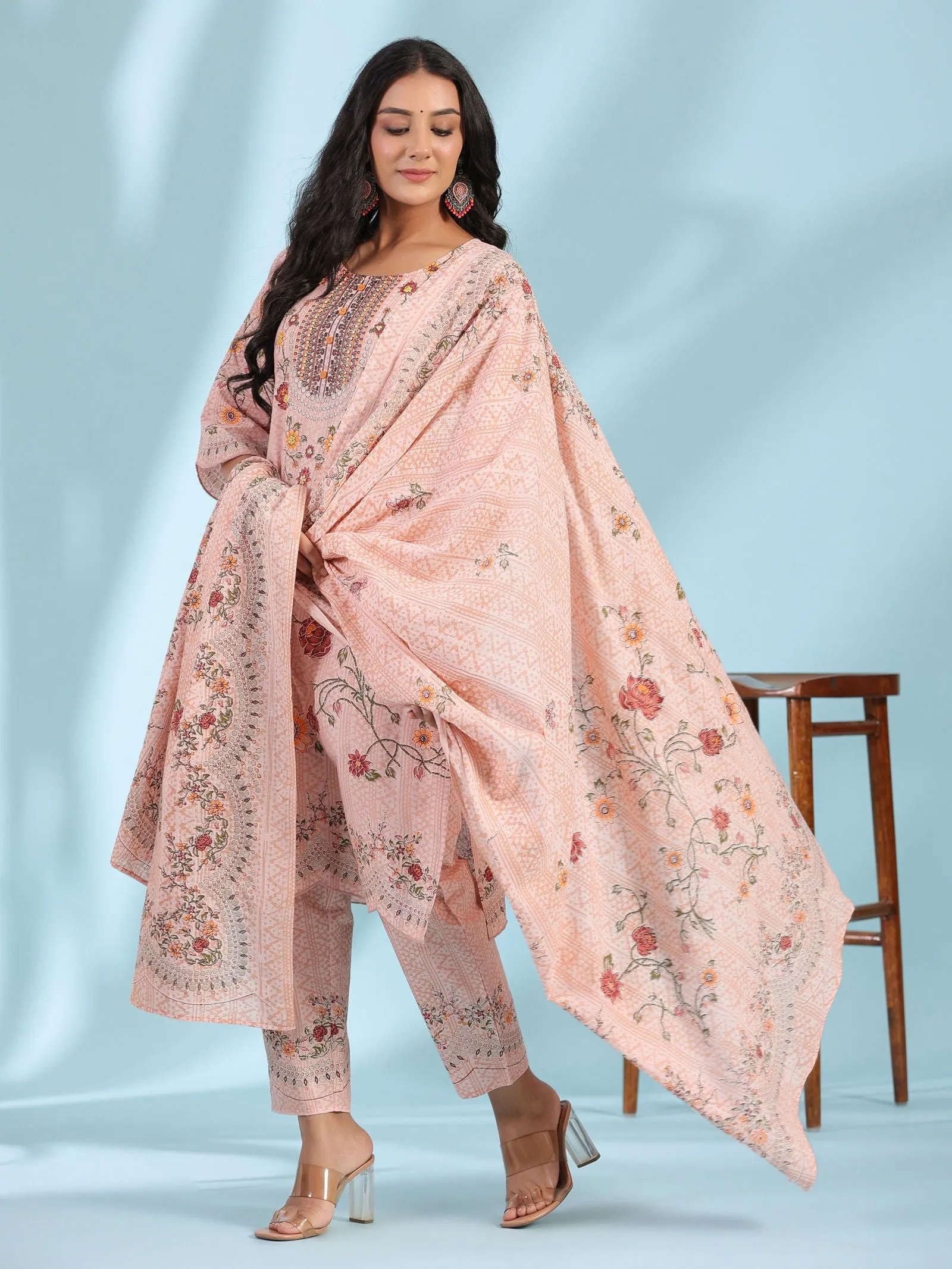 Juniper  Pink Ethnic Motif Printed Pure Cotton Kurta Palazzo & Dupatta Set with Beads & Sequins