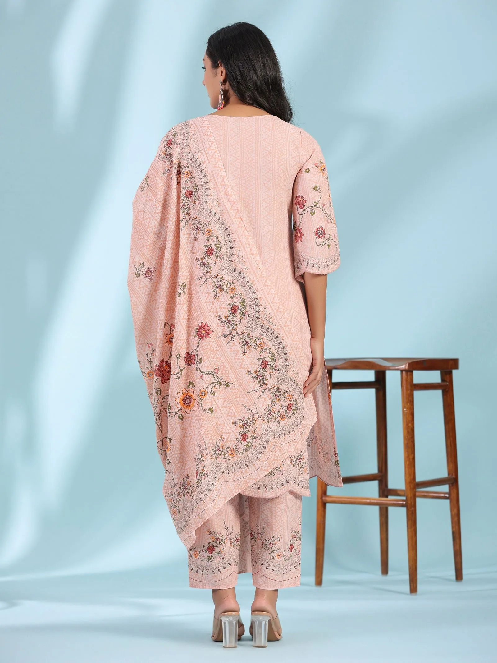 Juniper  Pink Ethnic Motif Printed Pure Cotton Kurta Palazzo & Dupatta Set with Beads & Sequins