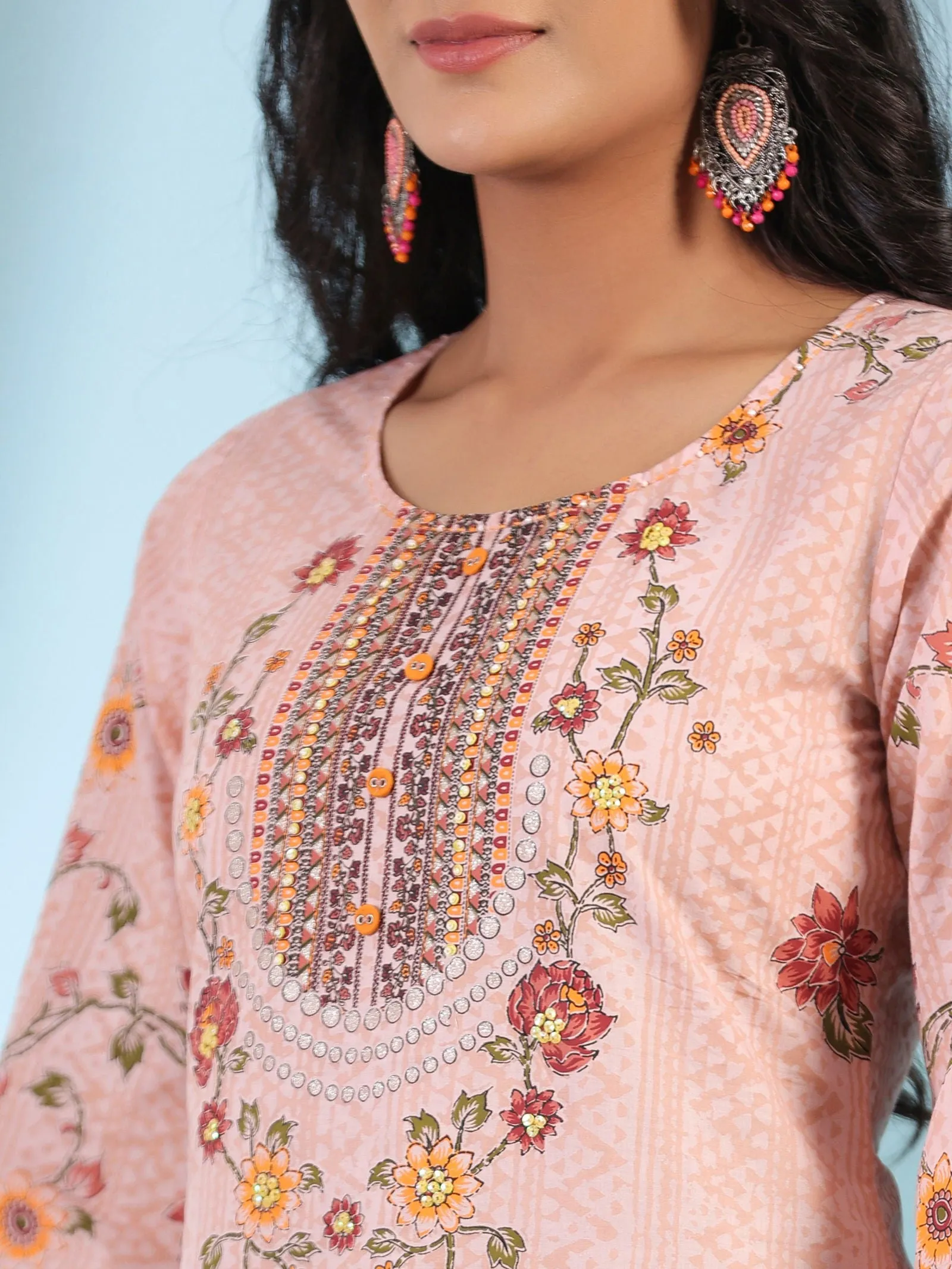 Juniper  Pink Ethnic Motif Printed Pure Cotton Kurta Palazzo & Dupatta Set with Beads & Sequins