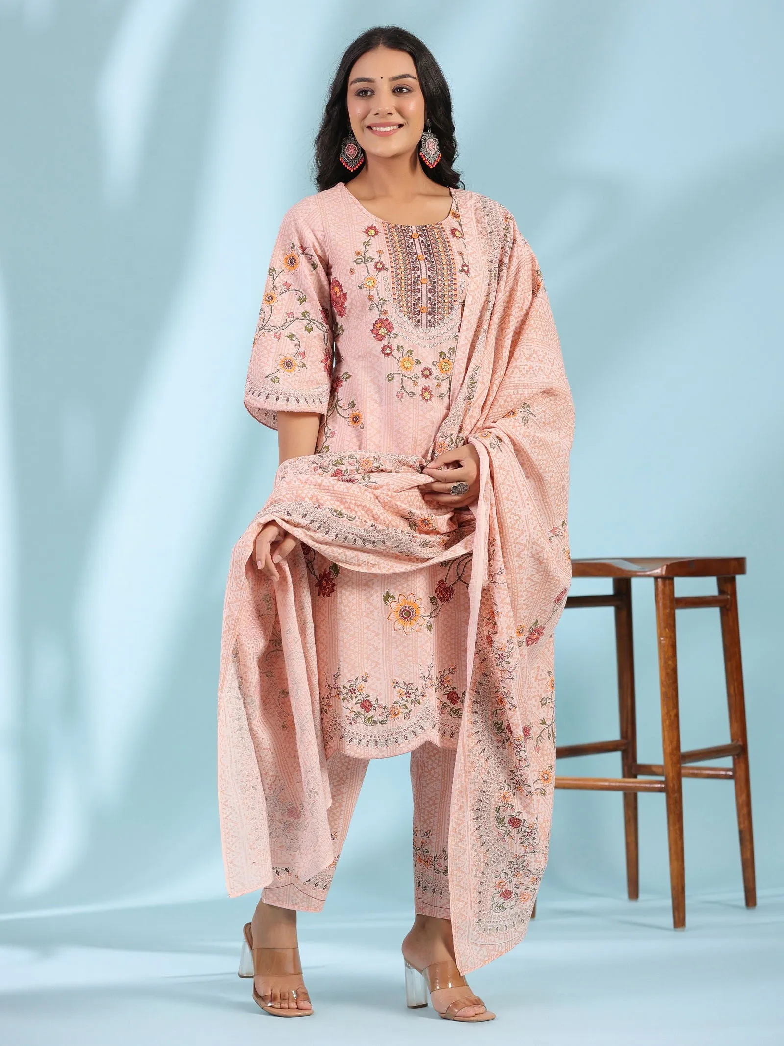 Juniper  Pink Ethnic Motif Printed Pure Cotton Kurta Palazzo & Dupatta Set with Beads & Sequins