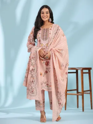 Juniper  Pink Ethnic Motif Printed Pure Cotton Kurta Palazzo & Dupatta Set with Beads & Sequins