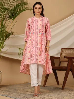 Juniper Pink Floral Printed Cotton Cambric Kurta With Sequins Work