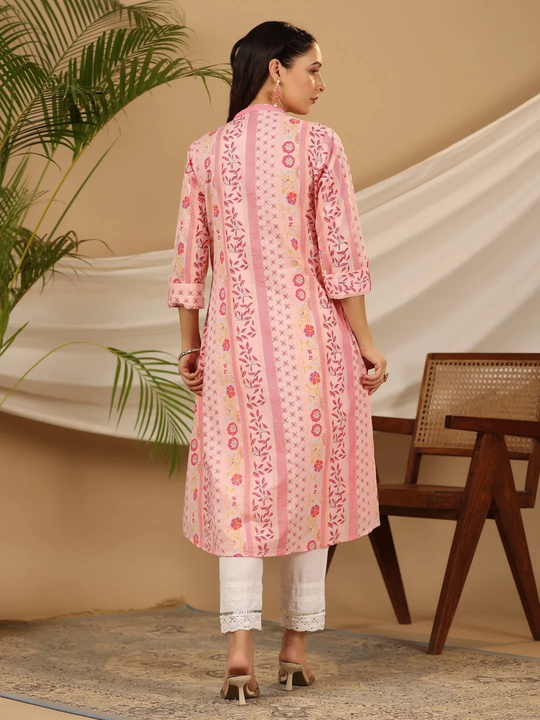 Juniper Pink Floral Printed Cotton Cambric Kurta With Sequins Work