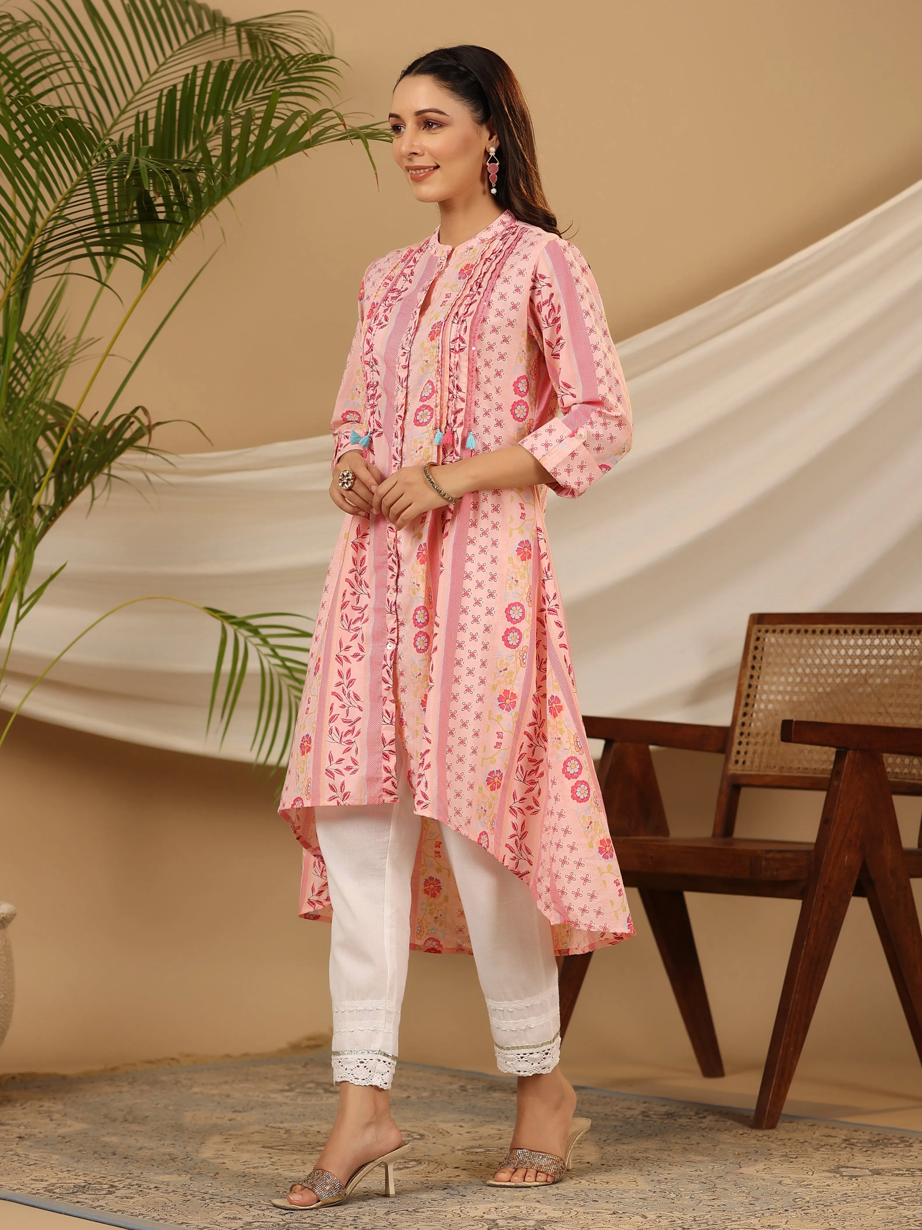 Juniper Pink Floral Printed Cotton Cambric Kurta With Sequins Work