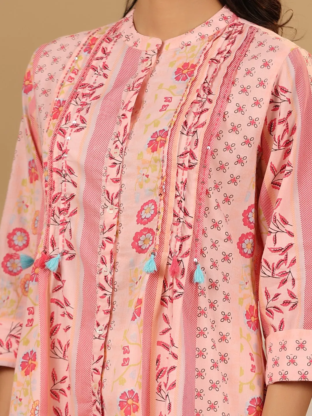 Juniper Pink Floral Printed Cotton Cambric Kurta With Sequins Work