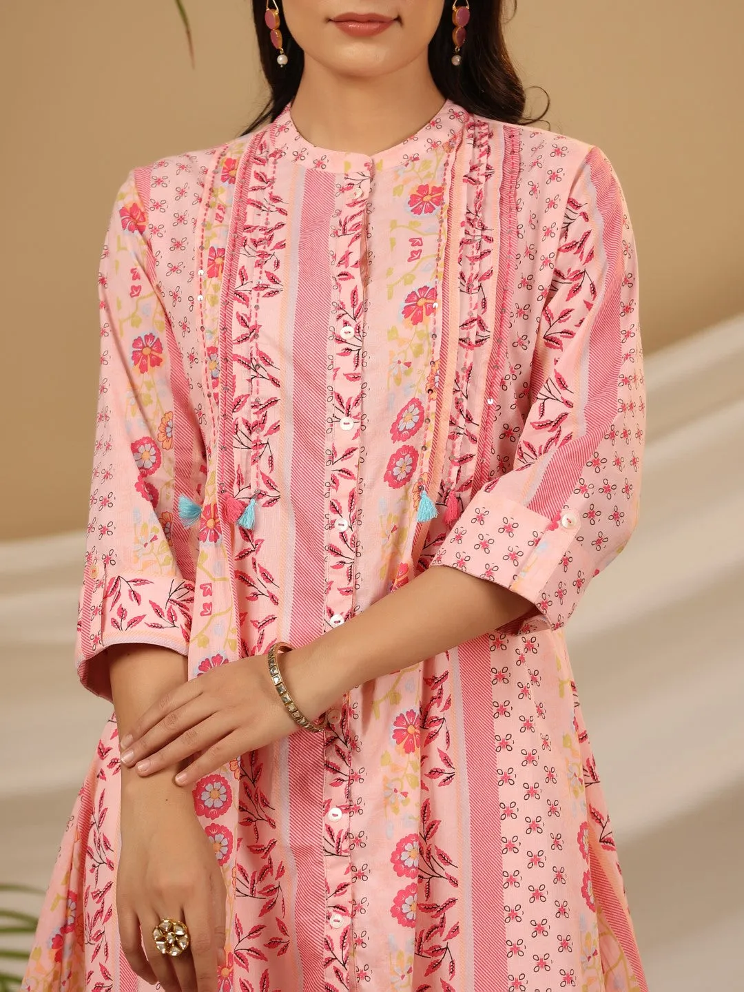 Juniper Pink Floral Printed Cotton Cambric Kurta With Sequins Work