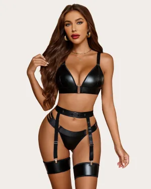 Leather Garter 5 Piece Bra and Panty Set