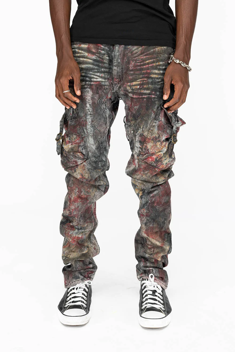 MENS MILITARY STYLE CARGO PANTS IN CHARLIE RED WASH