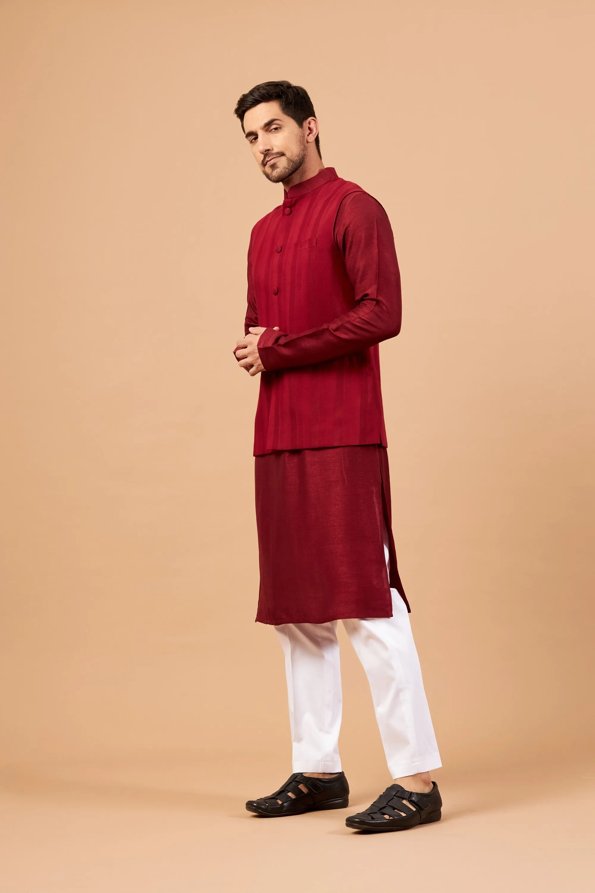 Men's Red Color Nehru Jacket With Kurta Pant Set - Hilo Design