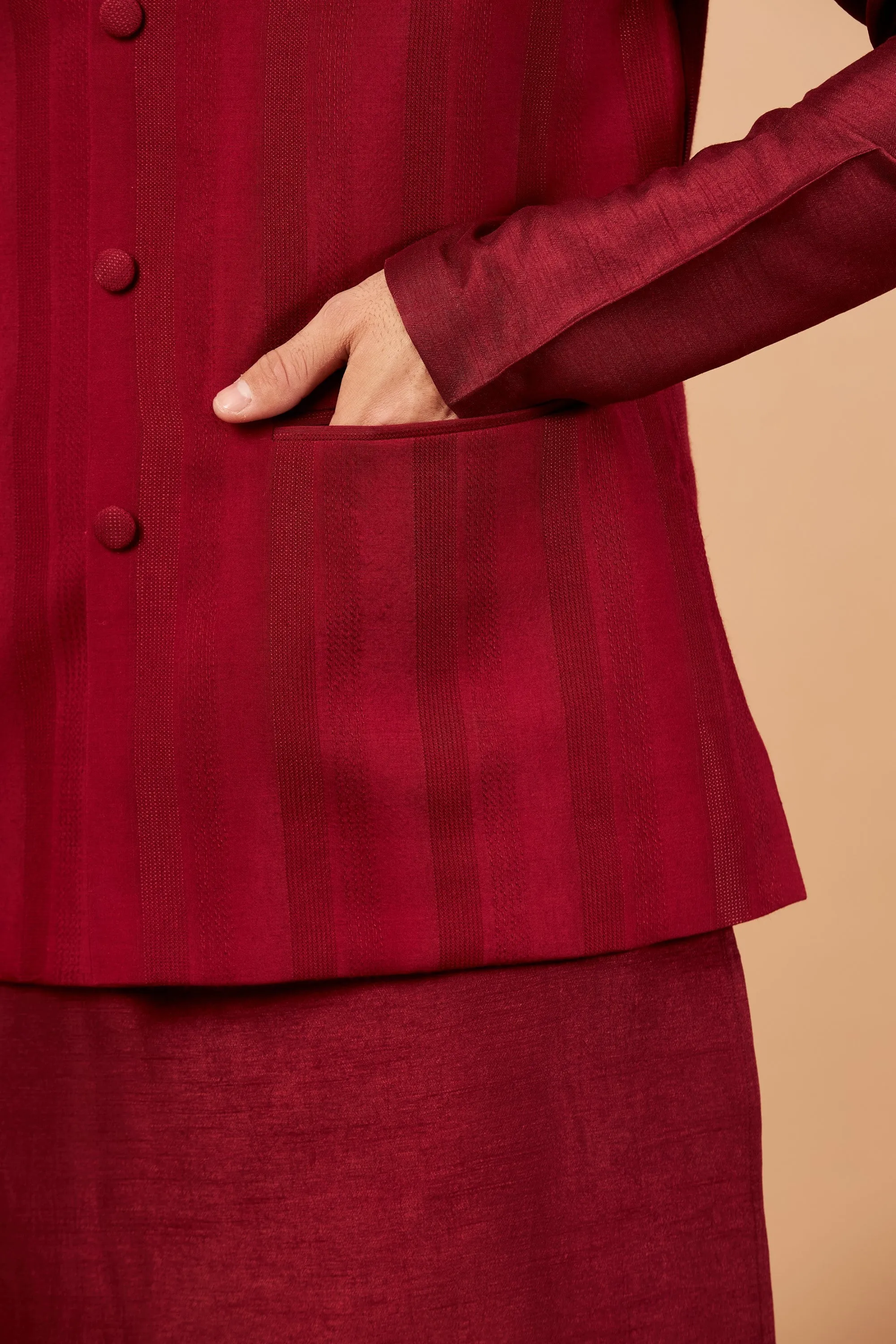 Men's Red Color Nehru Jacket With Kurta Pant Set - Hilo Design