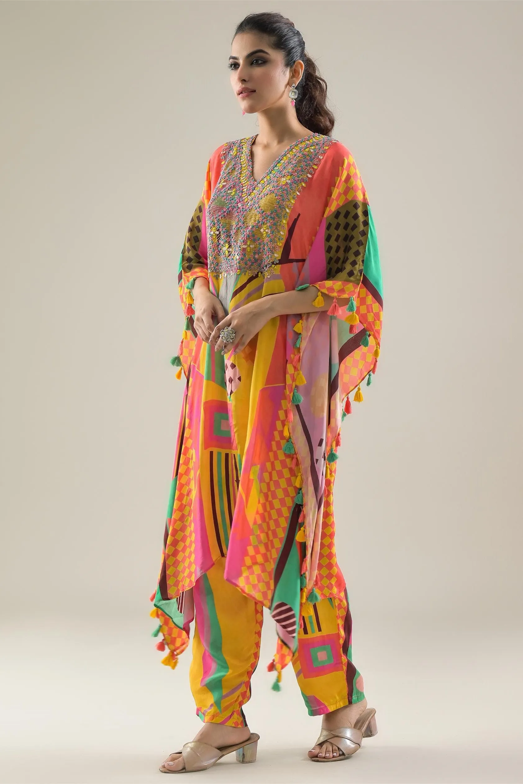 Multicolor Digital Printed Crepe Silk Kaftan Set