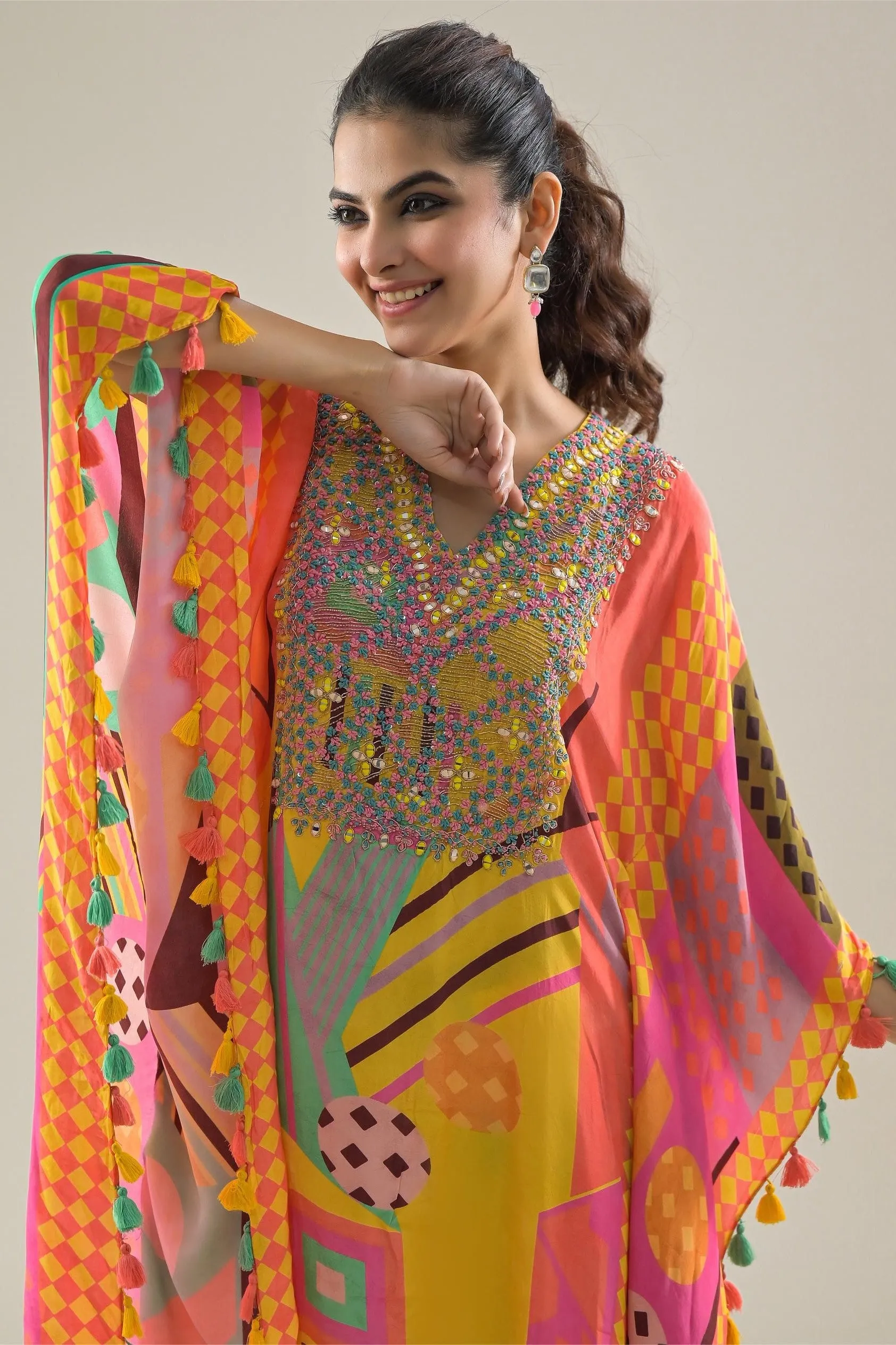 Multicolor Digital Printed Crepe Silk Kaftan Set