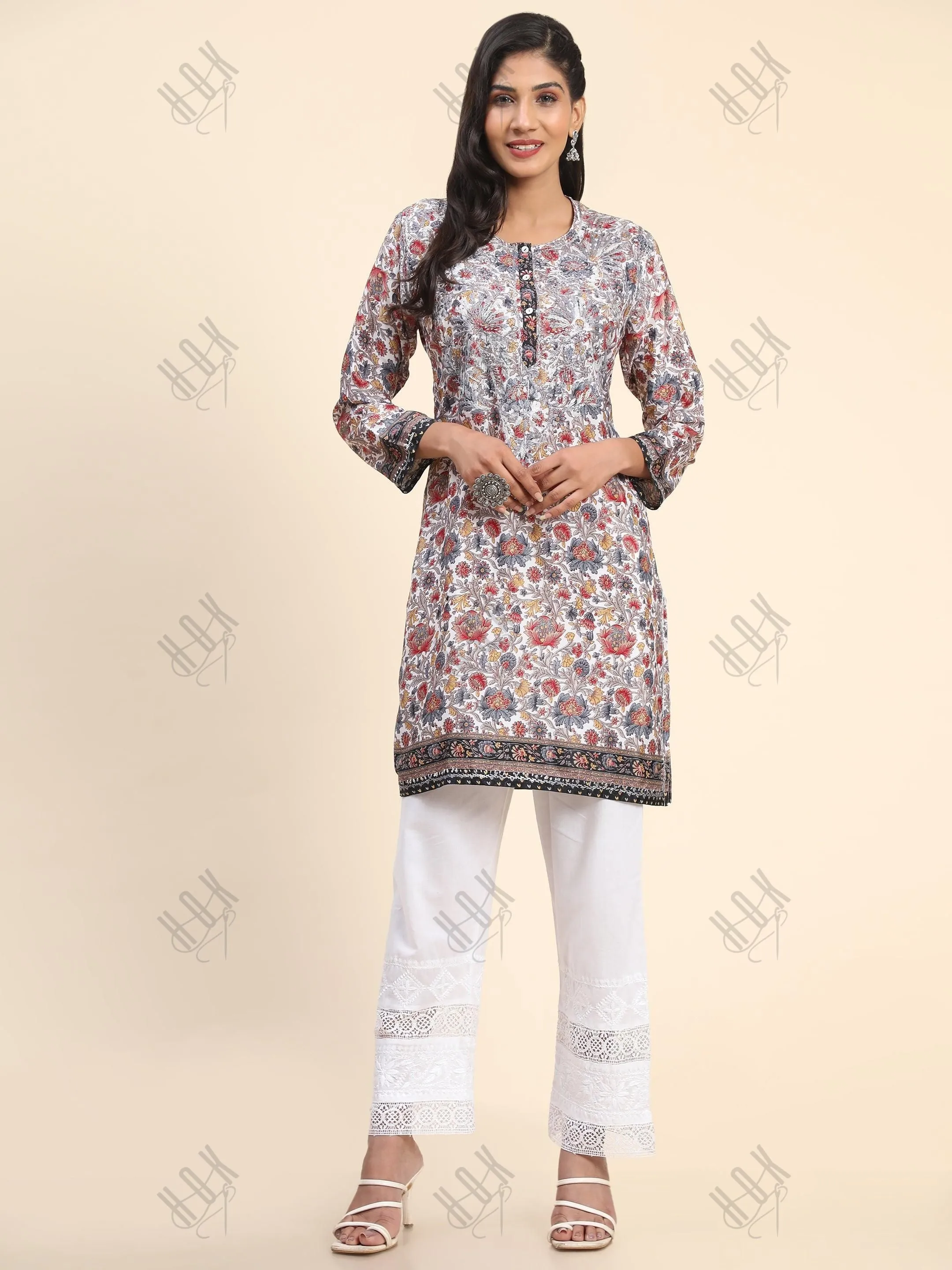 Noor Premium Printed PolySilk Long Chikankari Tunic for Women -Floral with Grey work