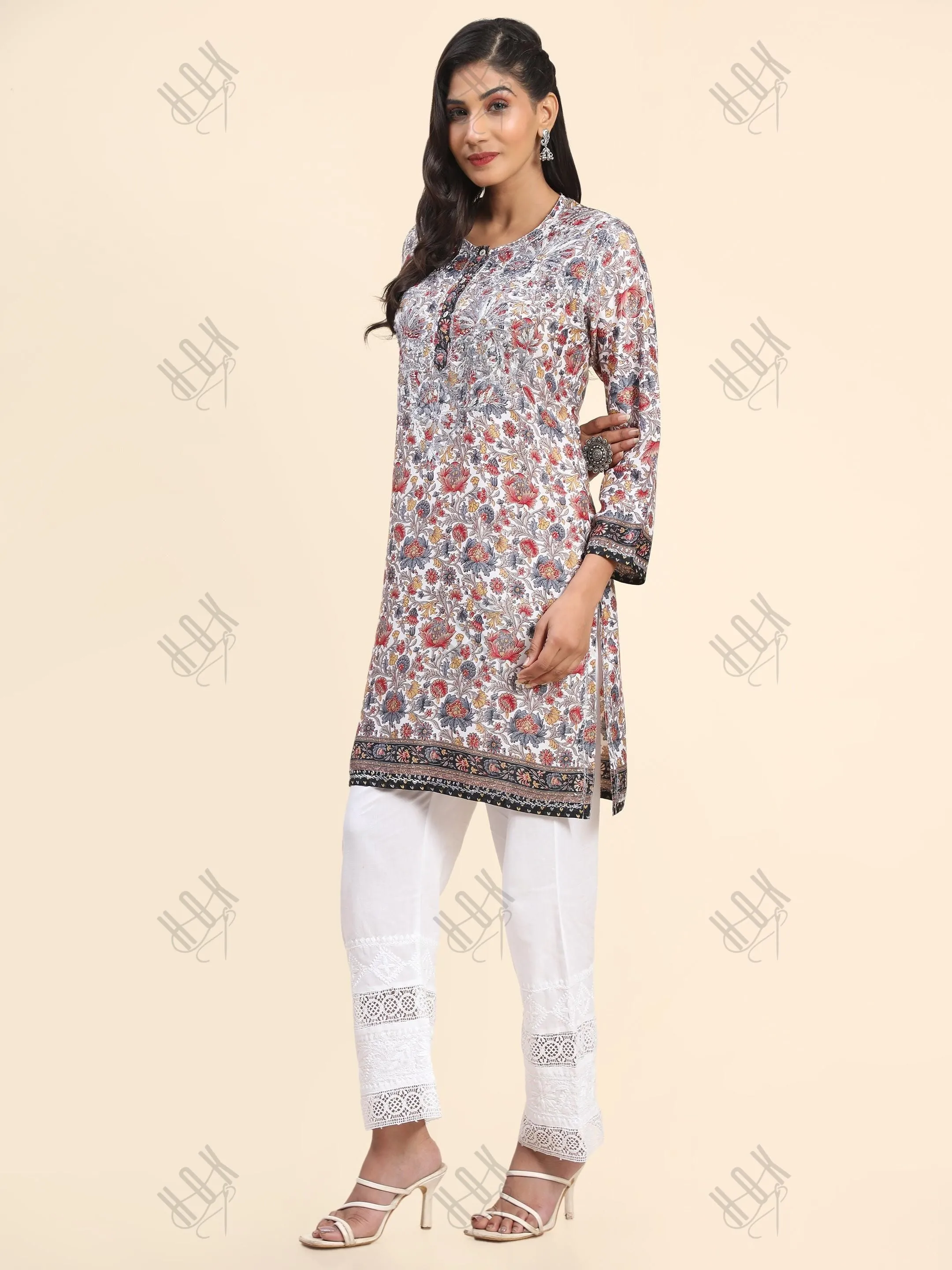 Noor Premium Printed PolySilk Long Chikankari Tunic for Women -Floral with Grey work