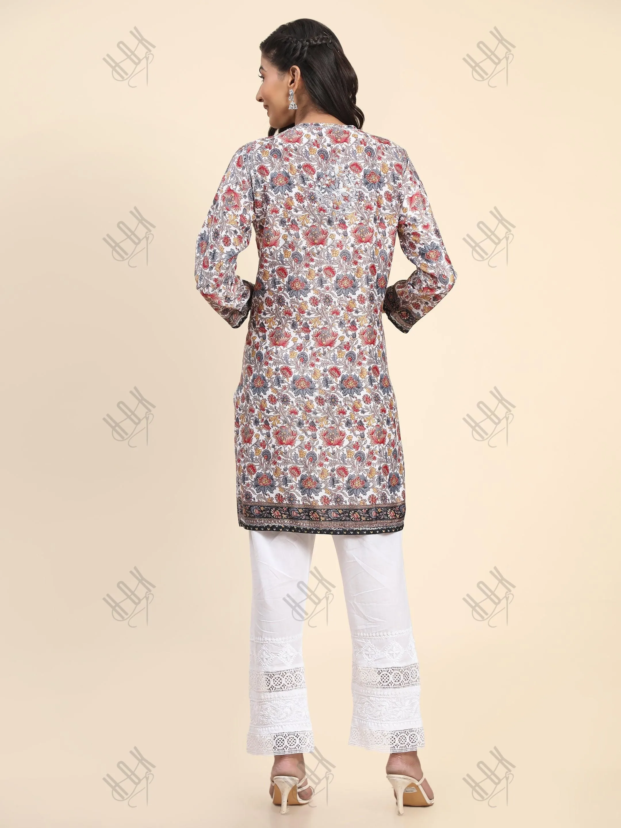 Noor Premium Printed PolySilk Long Chikankari Tunic for Women -Floral with Grey work