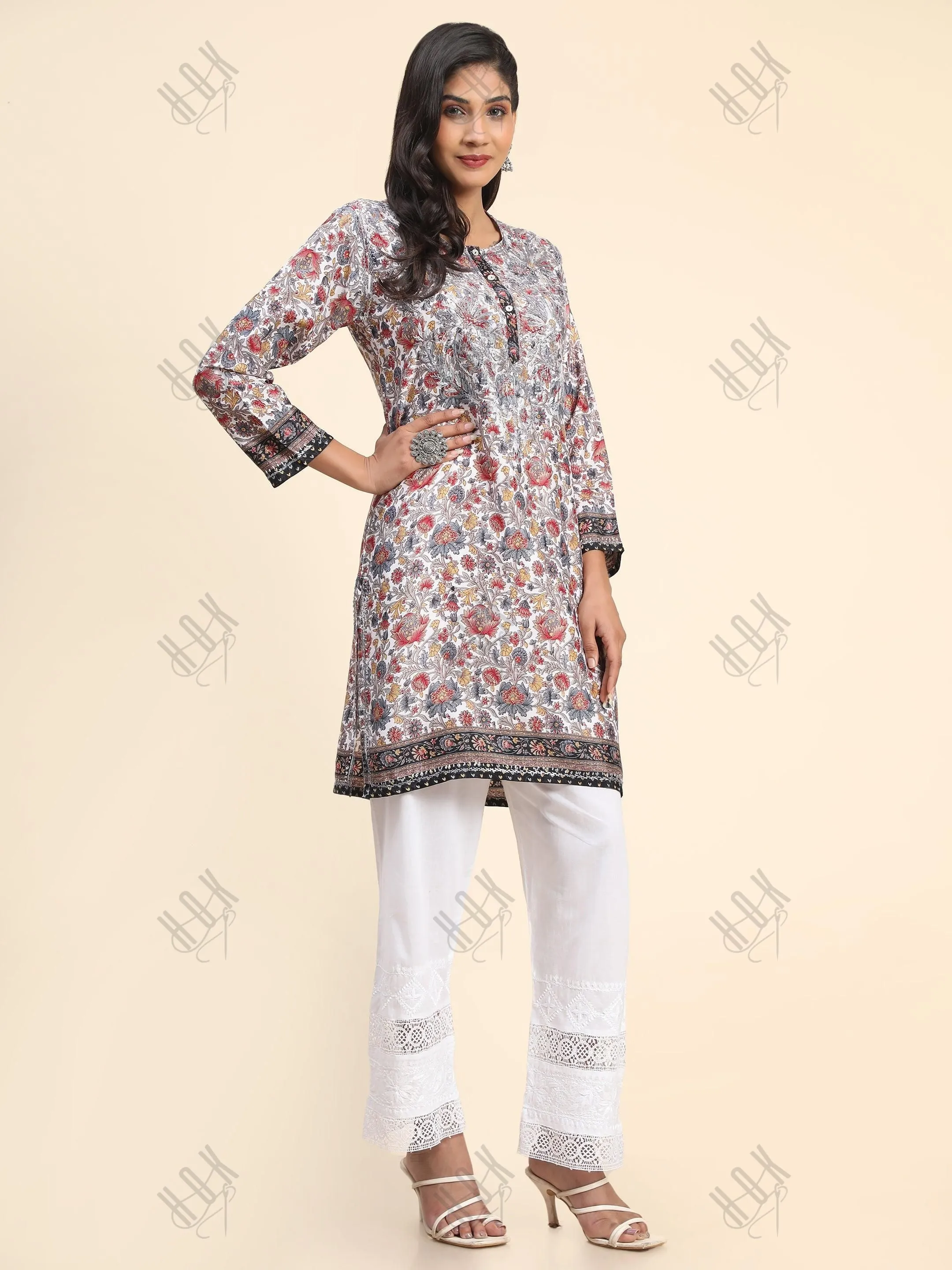 Noor Premium Printed PolySilk Long Chikankari Tunic for Women -Floral with Grey work