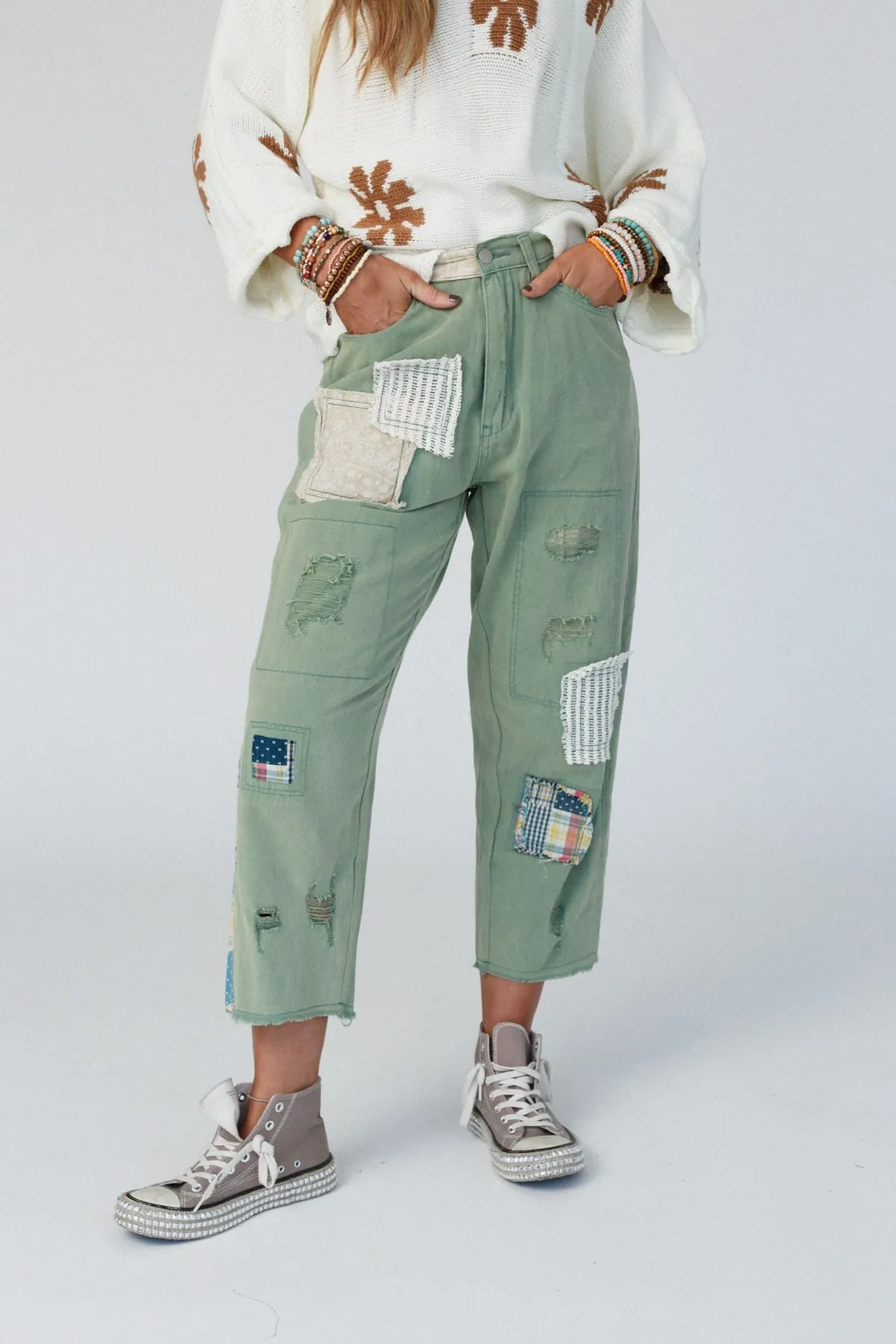 Offshore Patchwork Detail Pants - Light Green