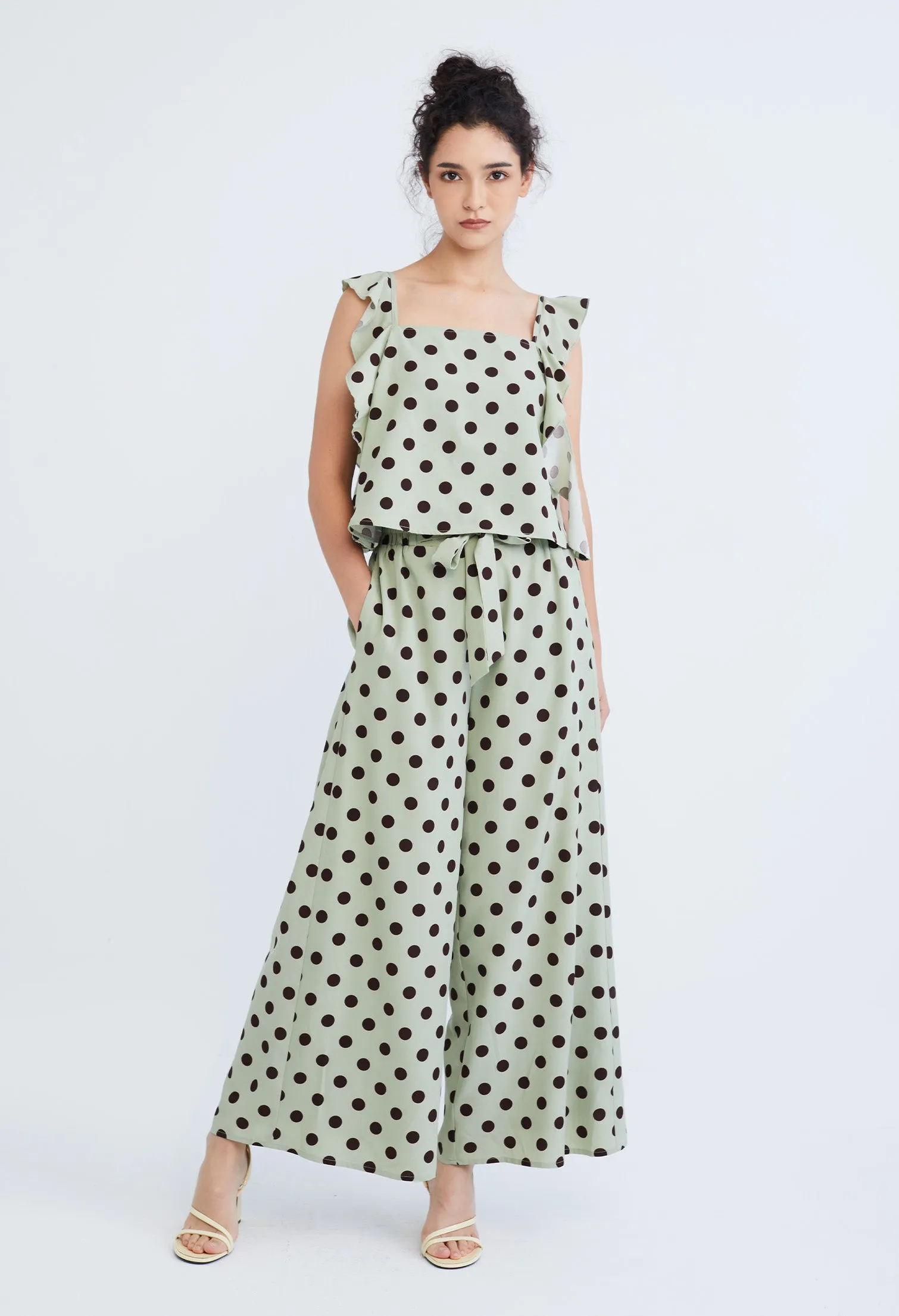 Polka Dot Tie Front Palazzo Pants