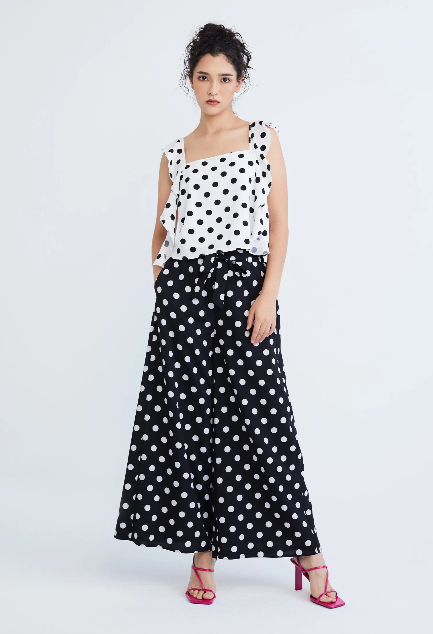 Polka Dot Tie Front Palazzo Pants