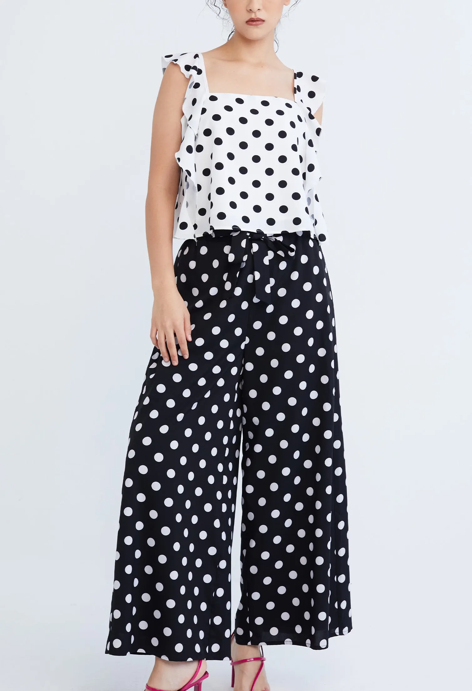 Polka Dot Tie Front Palazzo Pants