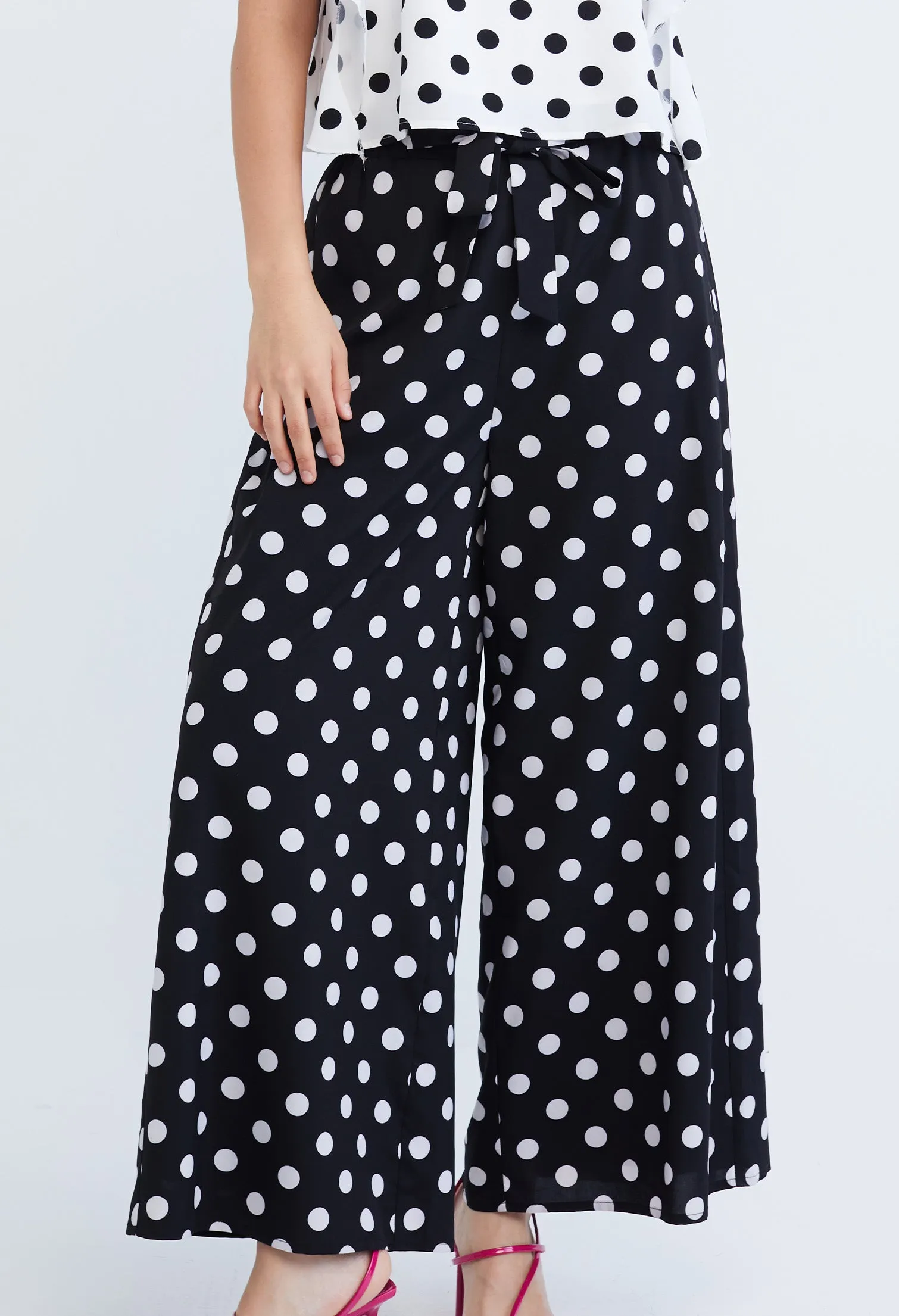 Polka Dot Tie Front Palazzo Pants