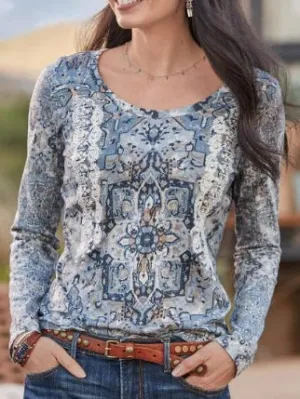 Printed ethnic style t-shirt women long sleeve top