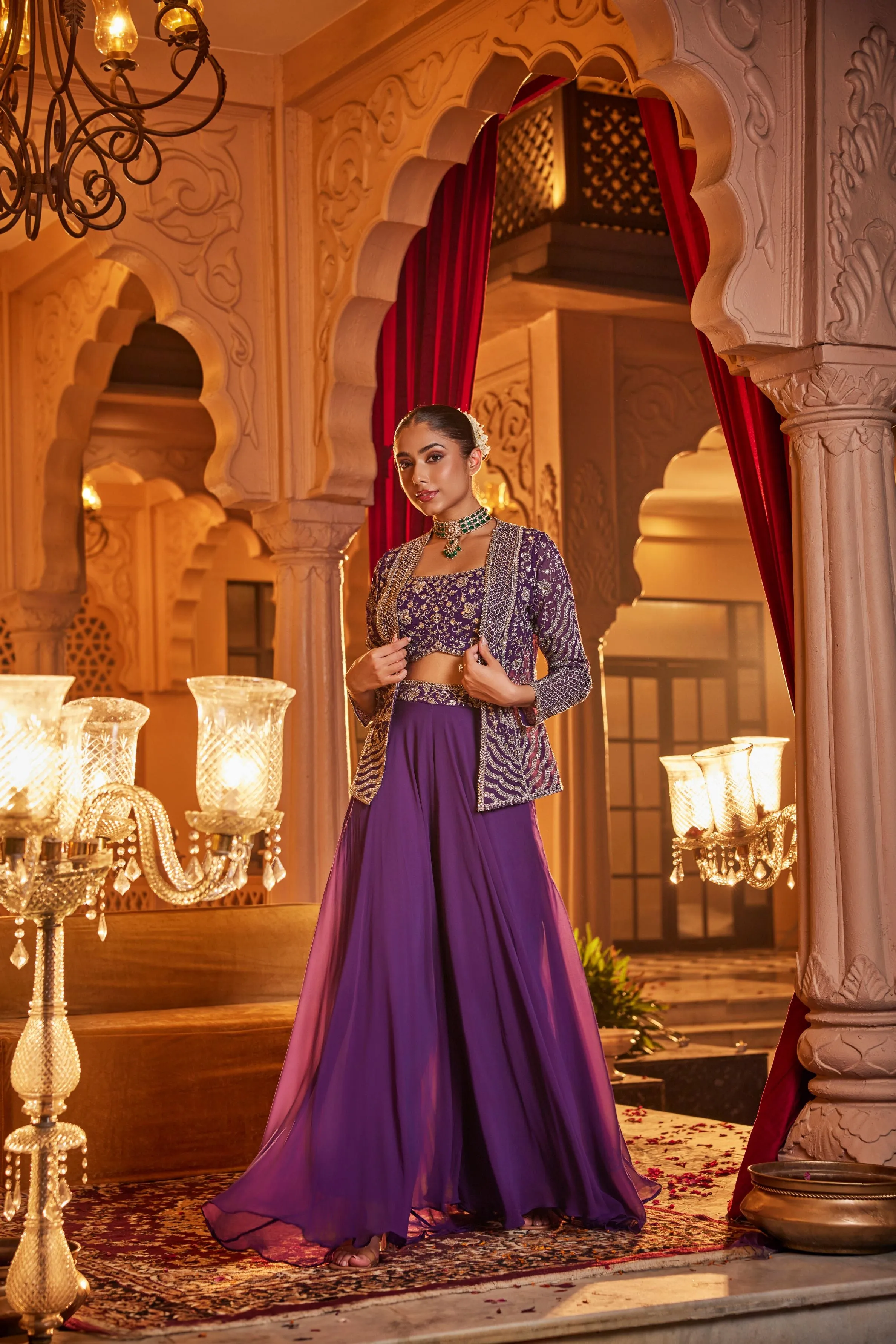 Purple Embellished Georgette Silk Jacket Palazzo Set