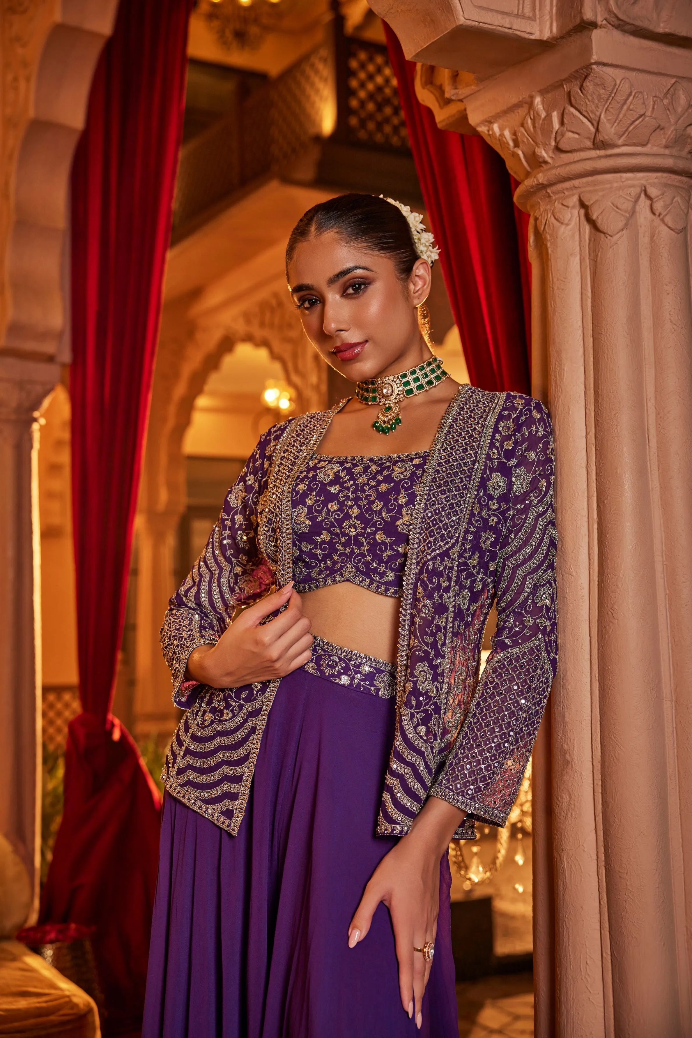 Purple Embellished Georgette Silk Jacket Palazzo Set