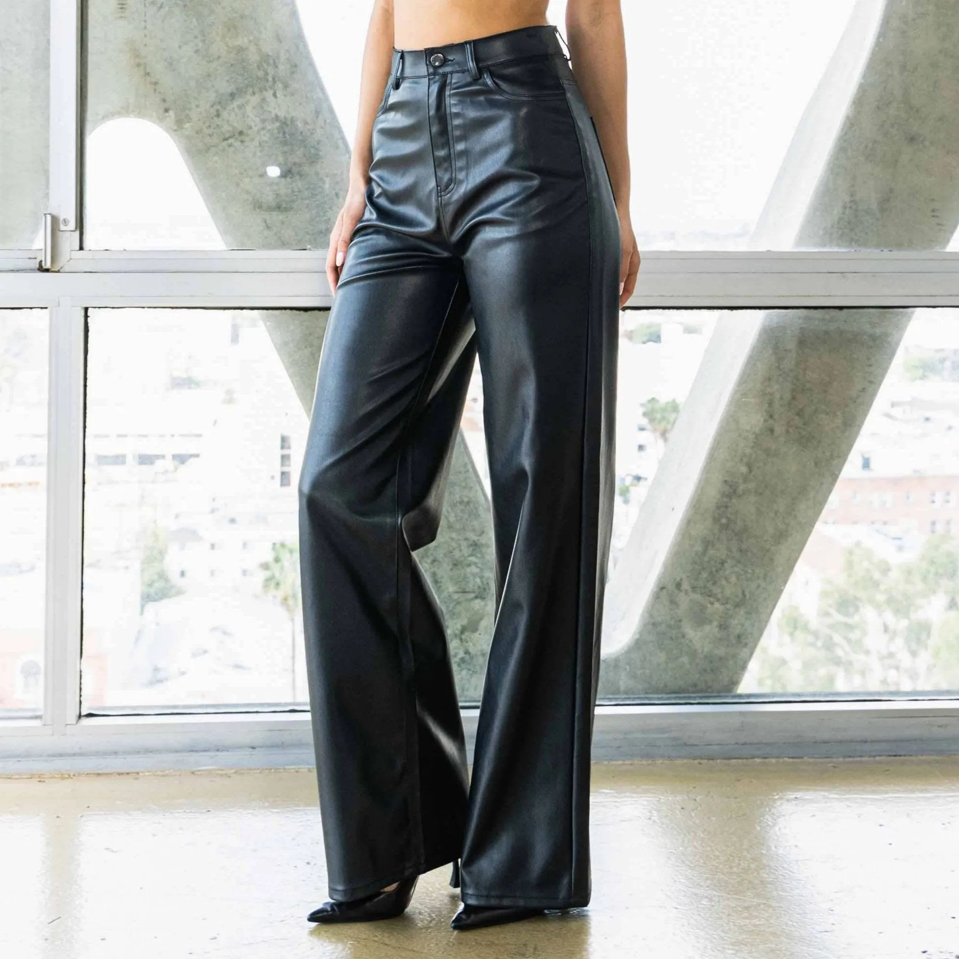 Riding Strong Black Faux Leather Wide Pants