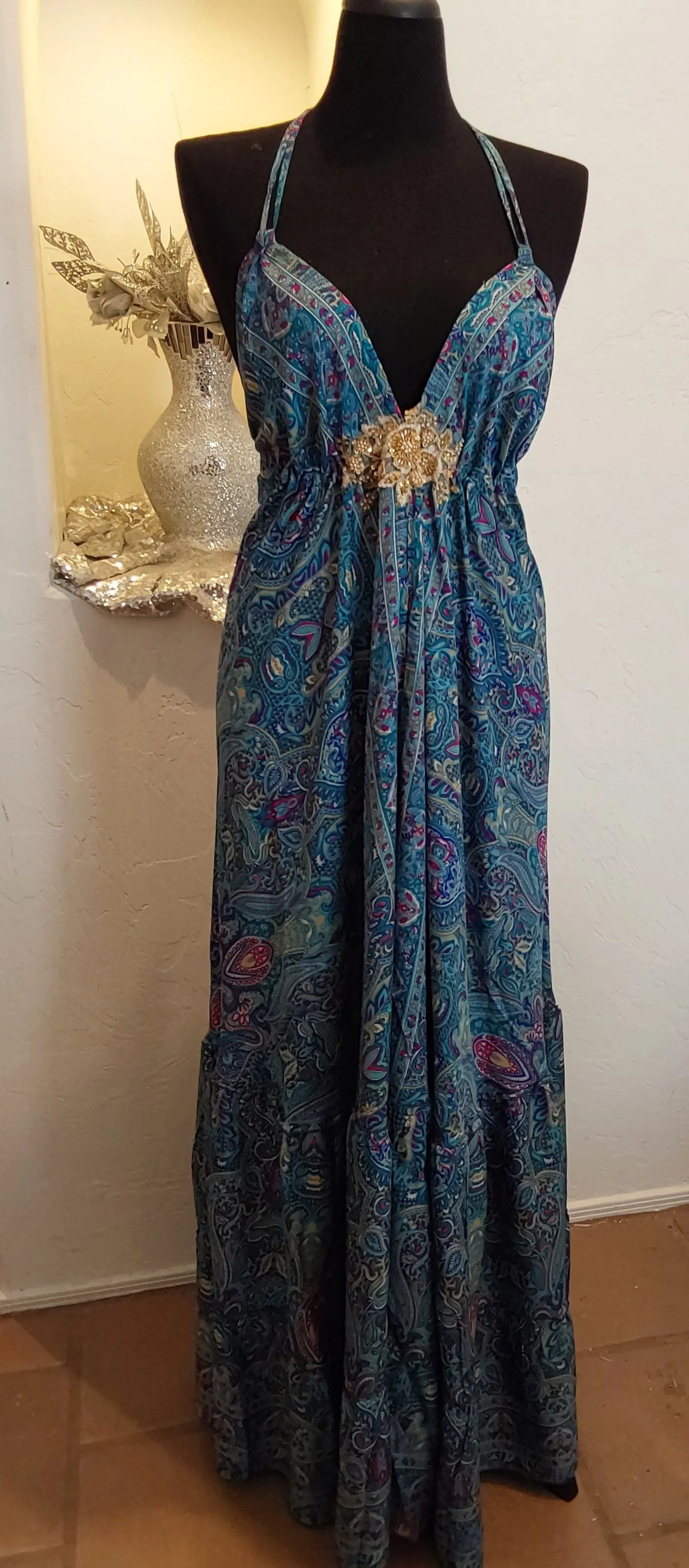 Romantic Turquoise Floral Silk Boho Backless Maxi Dress