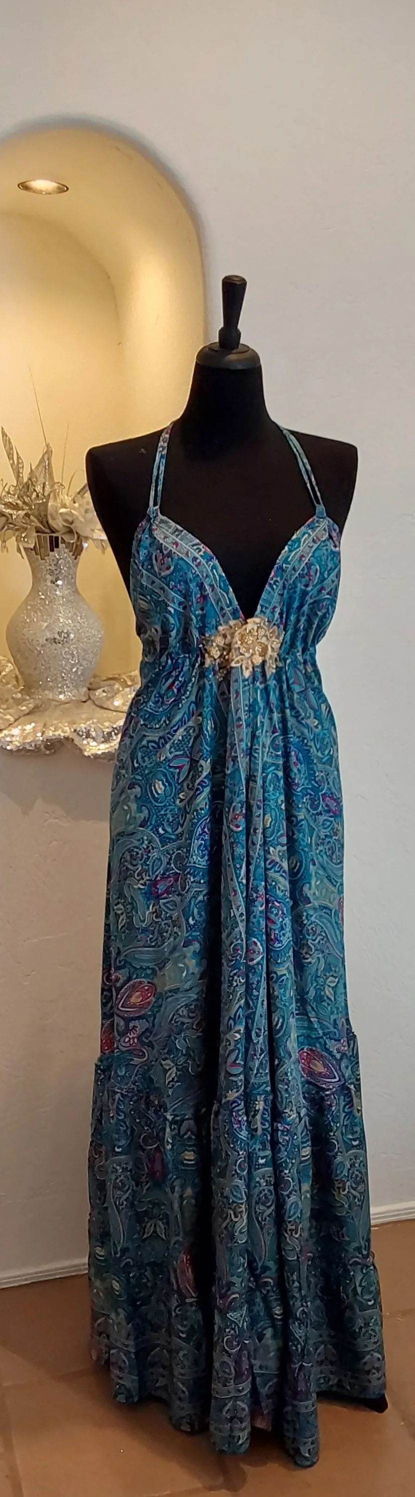 Romantic Turquoise Floral Silk Boho Backless Maxi Dress