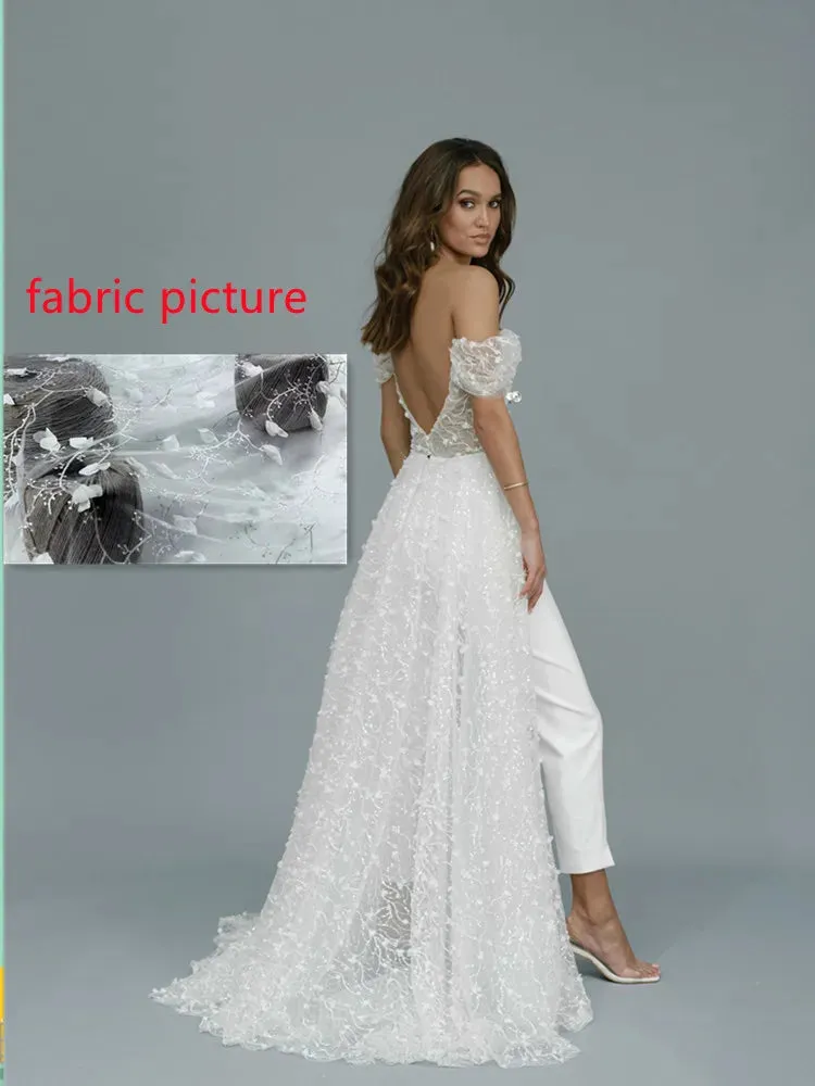 Sexy Wedding Jumpsuit with Long Train 3D Lace Bridal Pants Suit