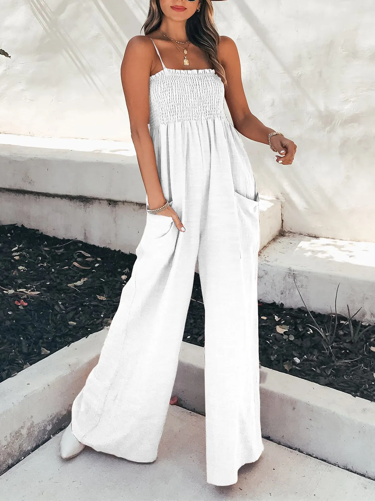 Spaghetti Strap Ruffle Trimmed Smocked Bandeau Palazzo Pant Jumpsuit