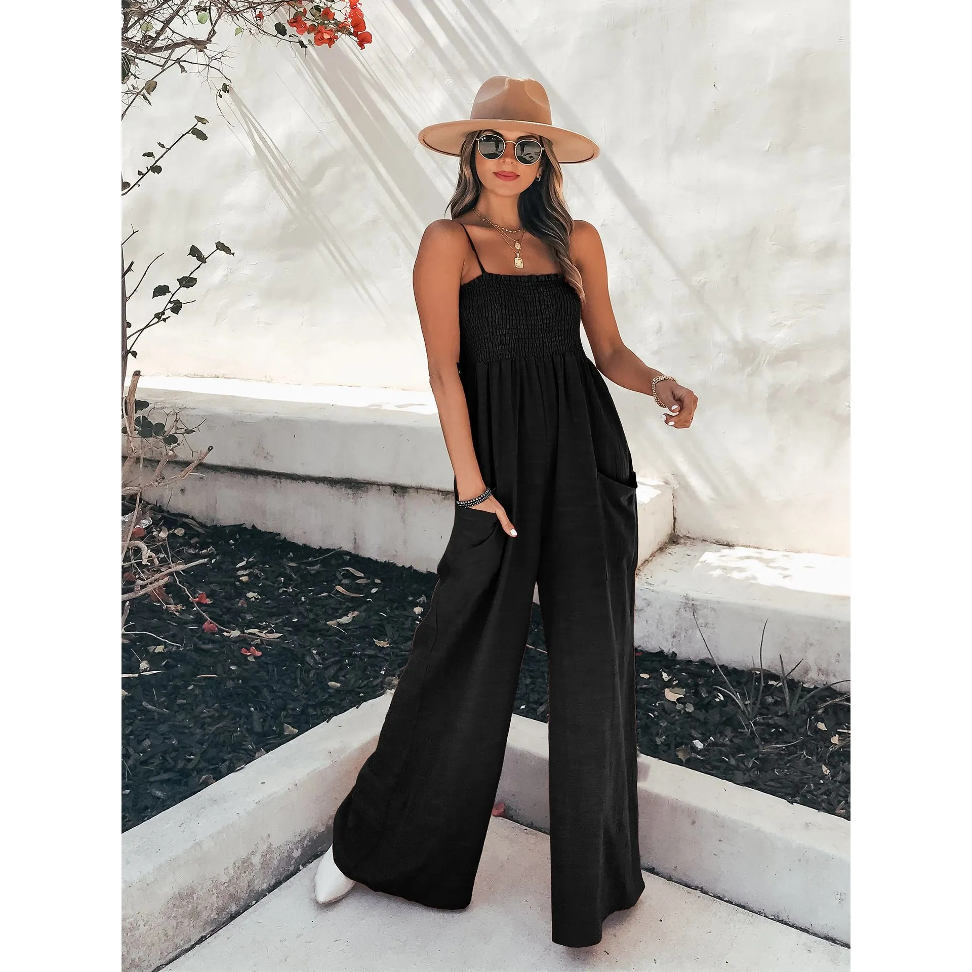 Spaghetti Strap Ruffle Trimmed Smocked Bandeau Palazzo Pant Jumpsuit