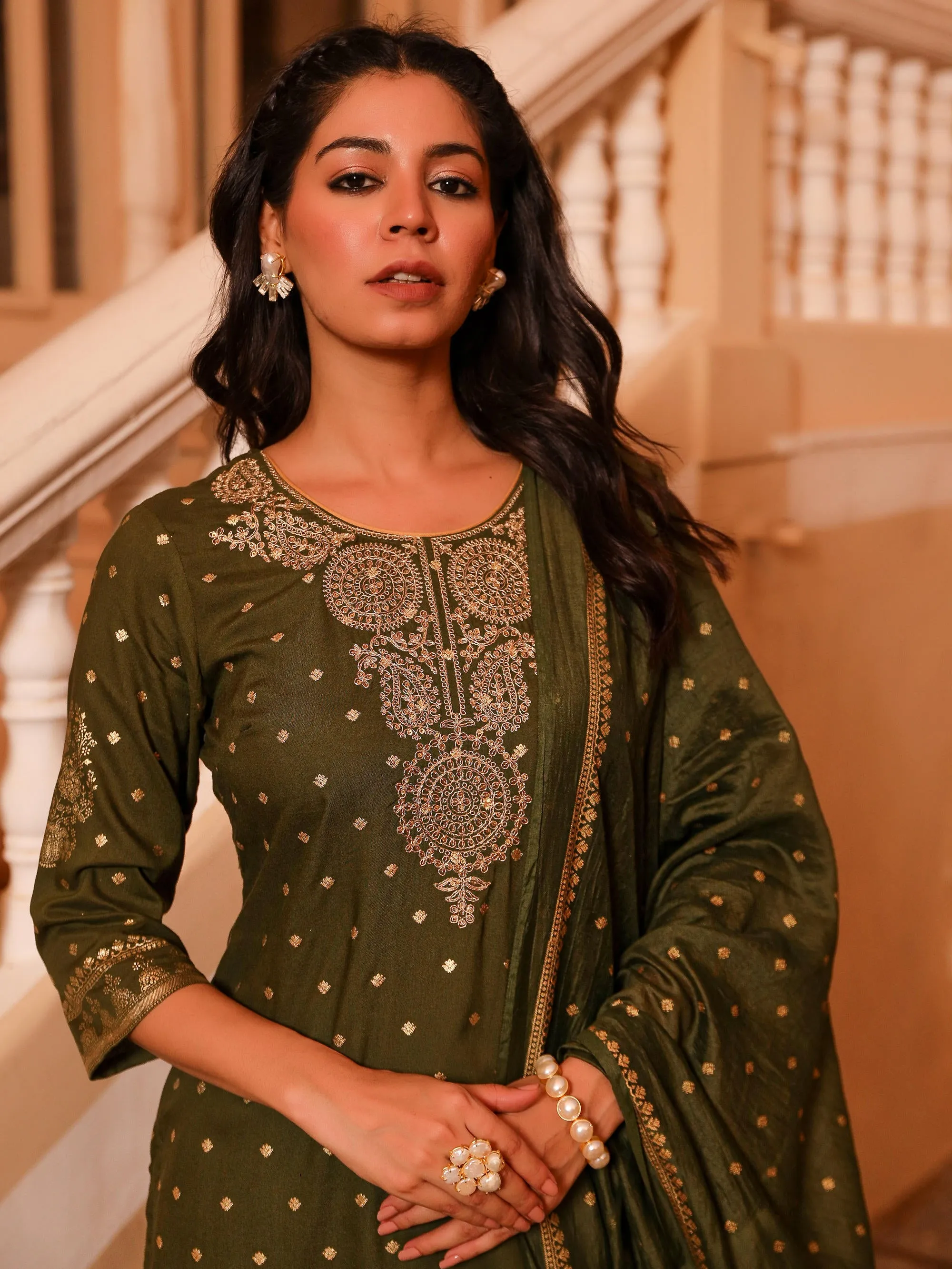 The Swarn Olive Ethnic Motif Printed Rayon Kurta Pant And Dupatta With Zari Work & Sequins