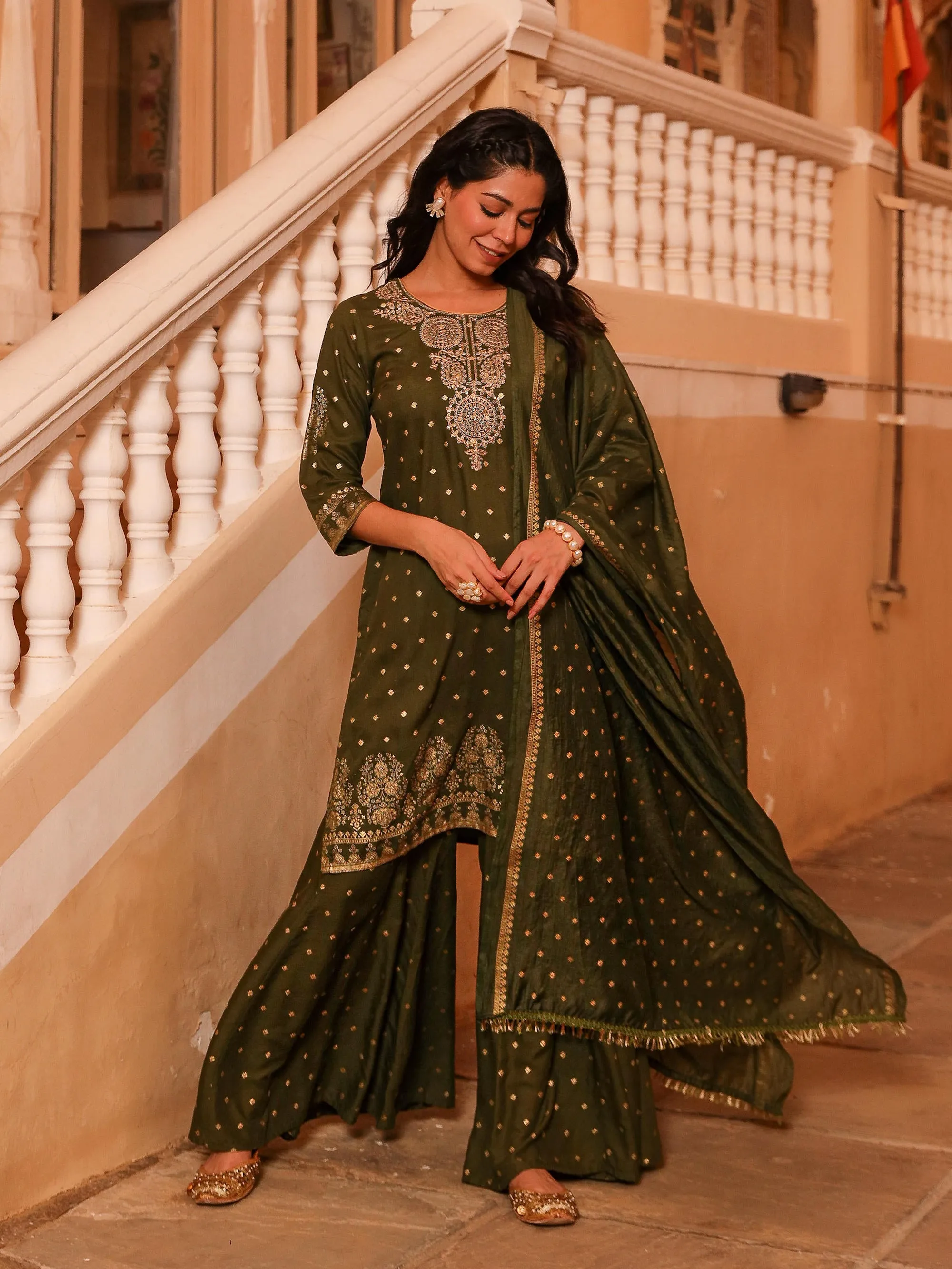 The Swarn Olive Ethnic Motif Printed Rayon Kurta Pant And Dupatta With Zari Work & Sequins