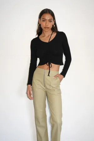 Vegan Leather Exposed Zip Pant - Olive