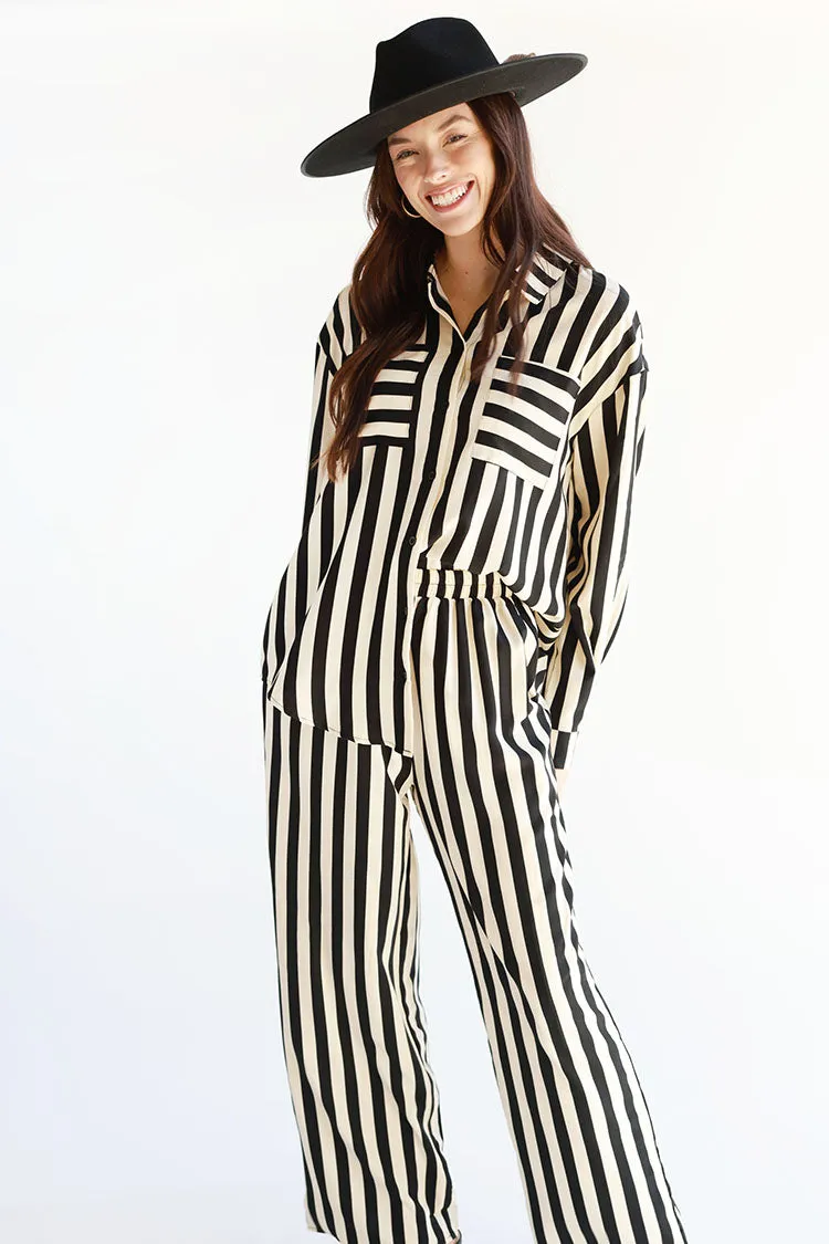 White and Black Striped Flowy Pant