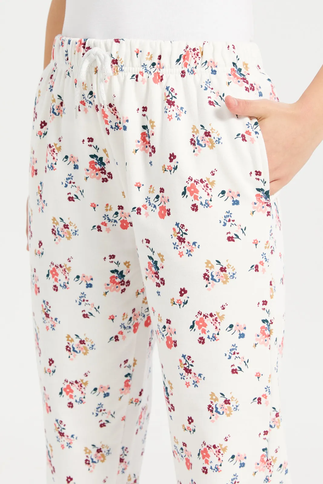 White Cream Ditsy Print Track Pants