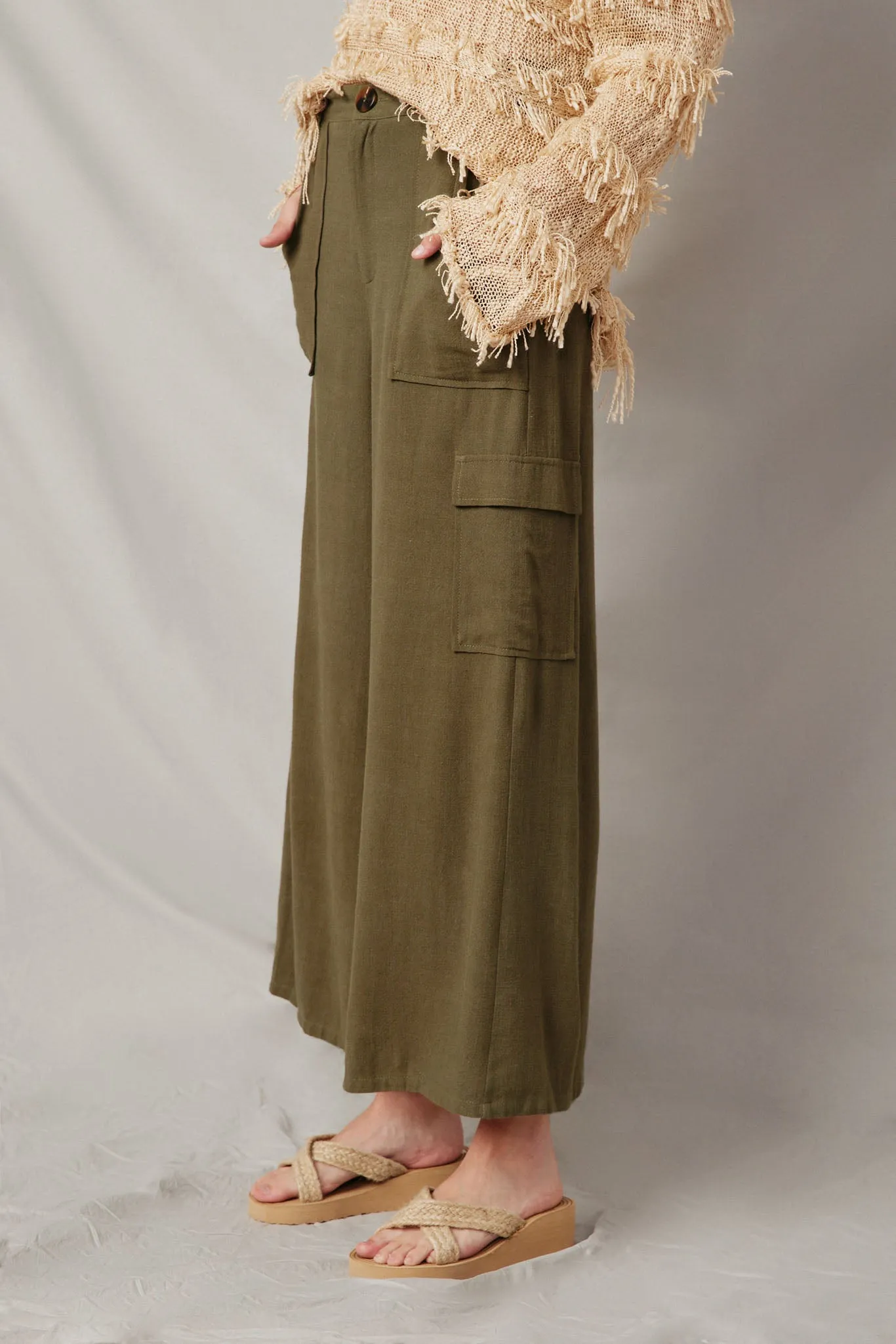 Wide Leg Button Closure Cargo Pants