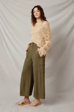 Wide Leg Button Closure Cargo Pants